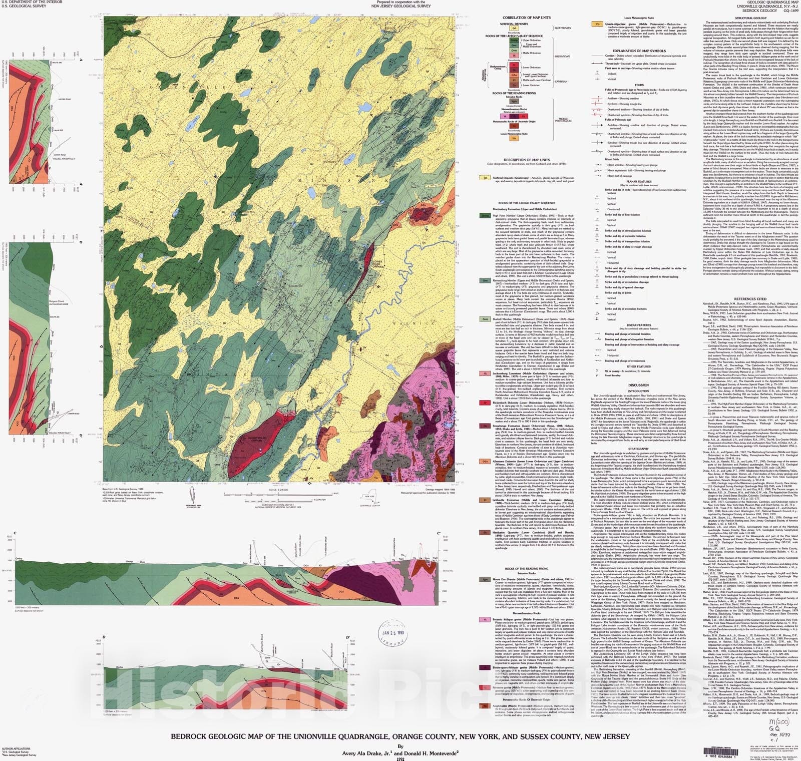 Map : Bedrock geologic map of the Unionville quadrangle, Orange County, New York, and Sussex County, New Jersey, 1992 Cartography Wall Art :