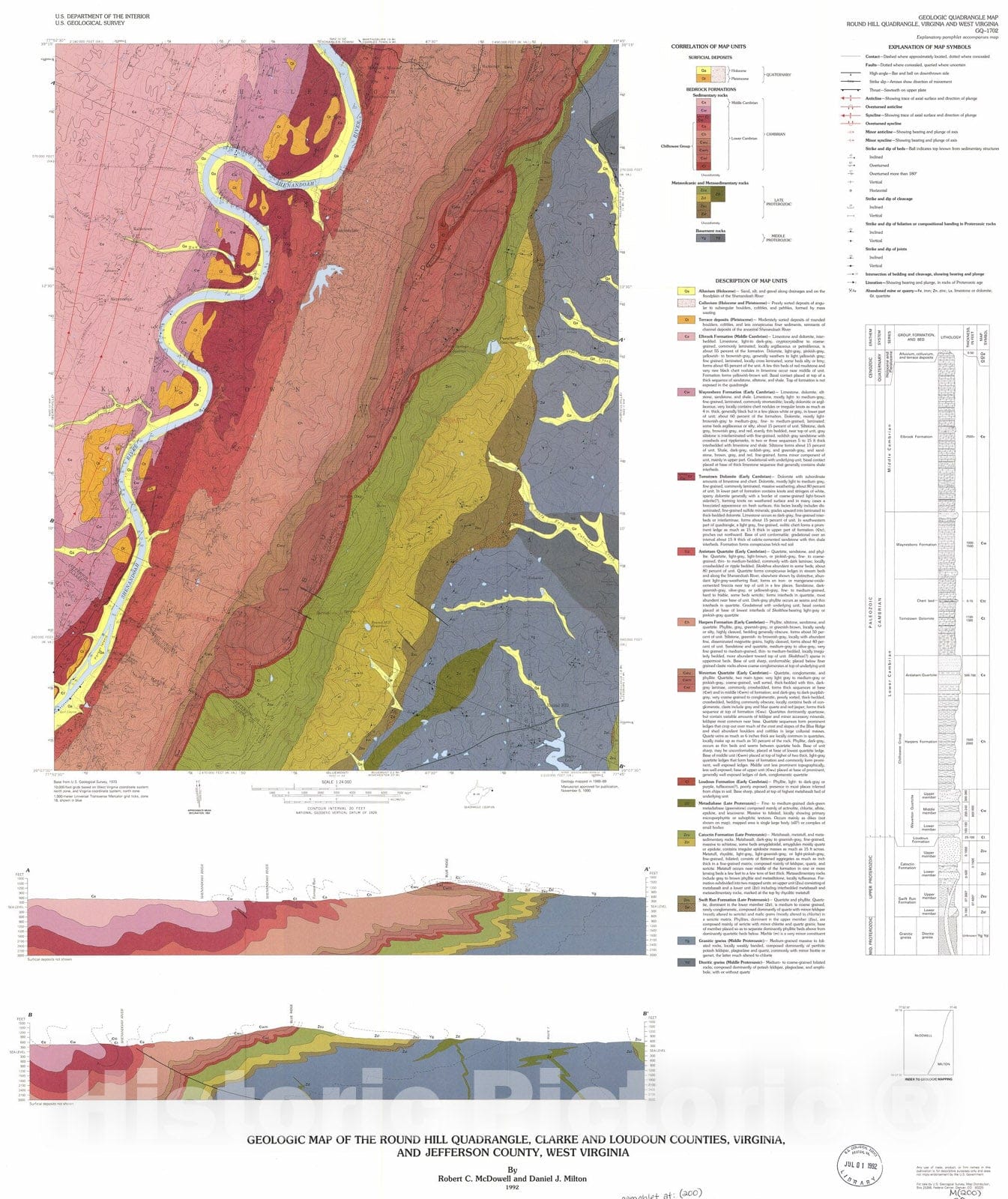Map : Geologic map of the Round Hill quadrangle, Clarke and Loudoun Counties, Virginia, and Jefferson County, West Virginia, 1992 Cartography Wall Art :