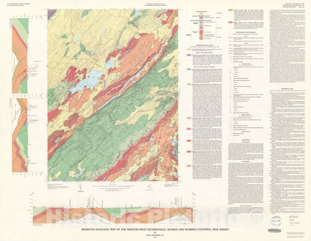 Map : Bedrock geologic map of the Newton West quadrangle, Sussex and Warren Counties, New Jersey, 1992 Cartography Wall Art :