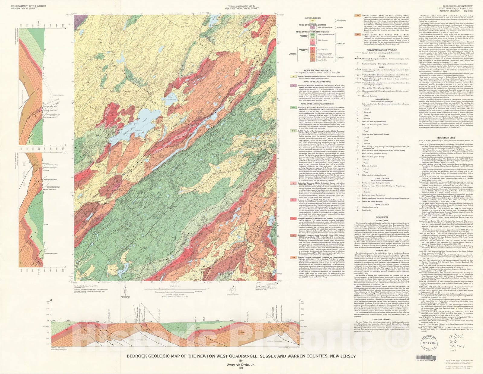 Map : Bedrock geologic map of the Newton West quadrangle, Sussex and Warren Counties, New Jersey, 1992 Cartography Wall Art :