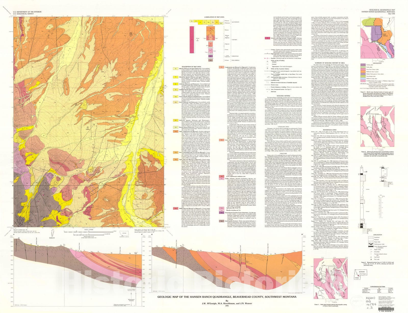 Map : Geologic map of the Hansen Ranch quadrangle, Beaverhead County, southwest Montana, 1991 Cartography Wall Art :