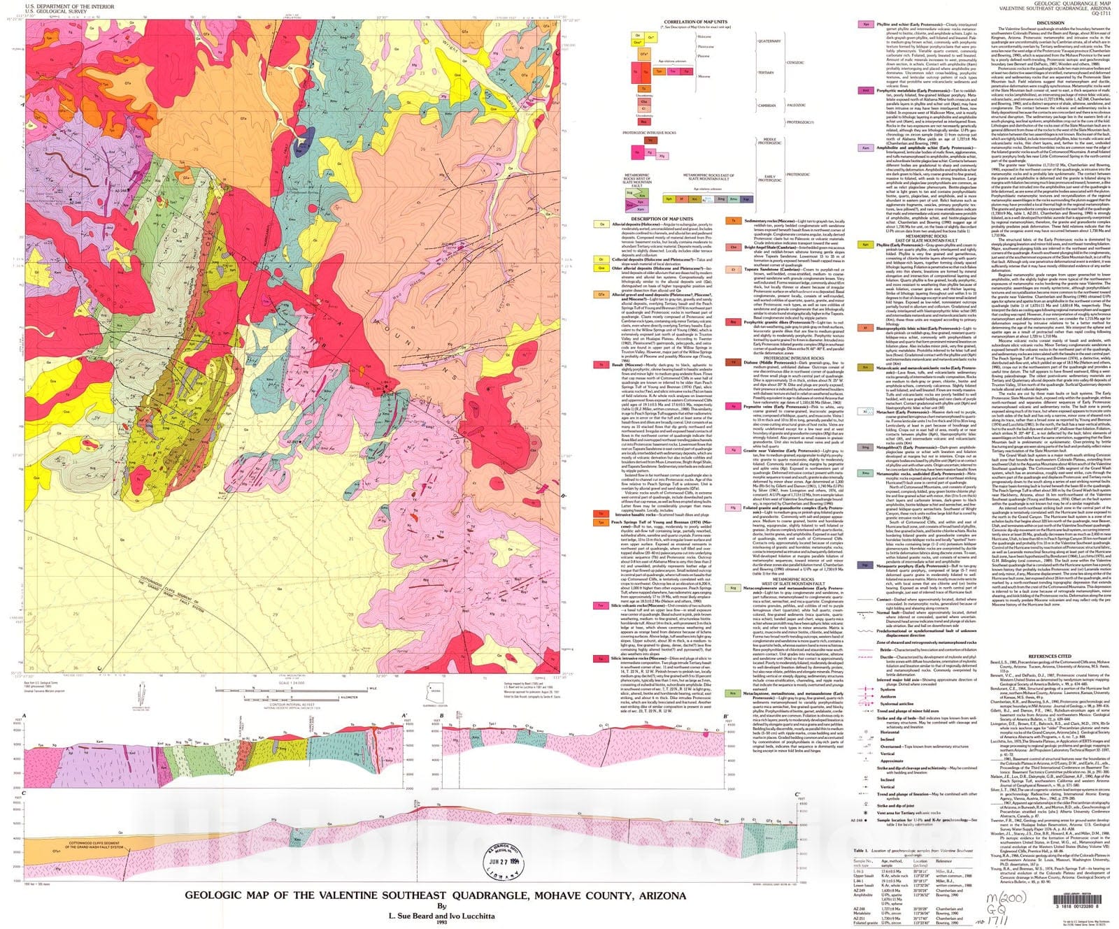 Map : Geologic map of the Valentine Southeast quadrangle, Mohave County, Arizona, 1993 Cartography Wall Art :