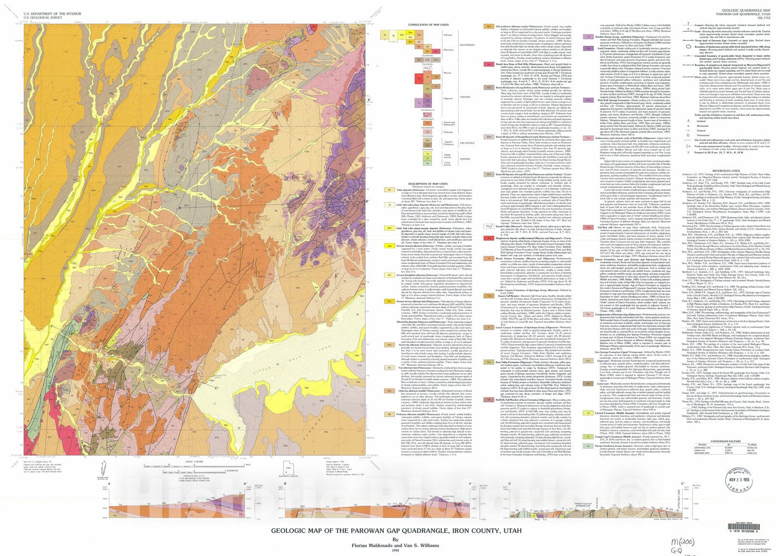 Map : Geologic map of the Parowan Gap quadrangle, Iron County, Utah, 1993 Cartography Wall Art :
