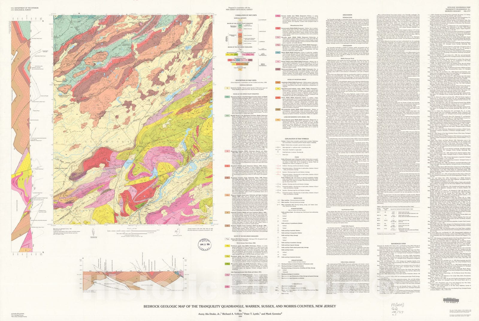 Map : Bedrock geologic map of the Tranquility quadrangle, Warren, Sussex, and Morris County, New Jersey, 1993 Cartography Wall Art :