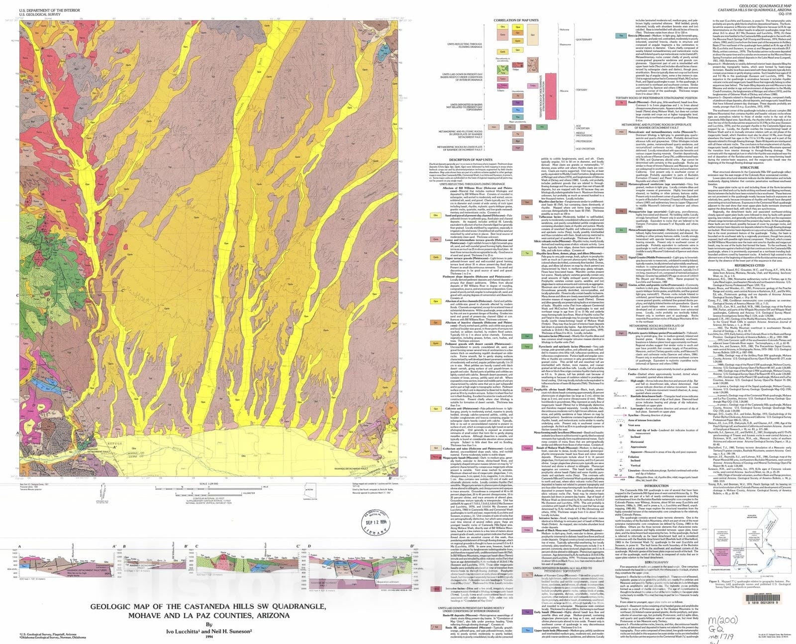 Map : Geologic map of the Castaneda Hills SW quadrangle, Mohave and La Paz Counties, Arizona, 1994 Cartography Wall Art :