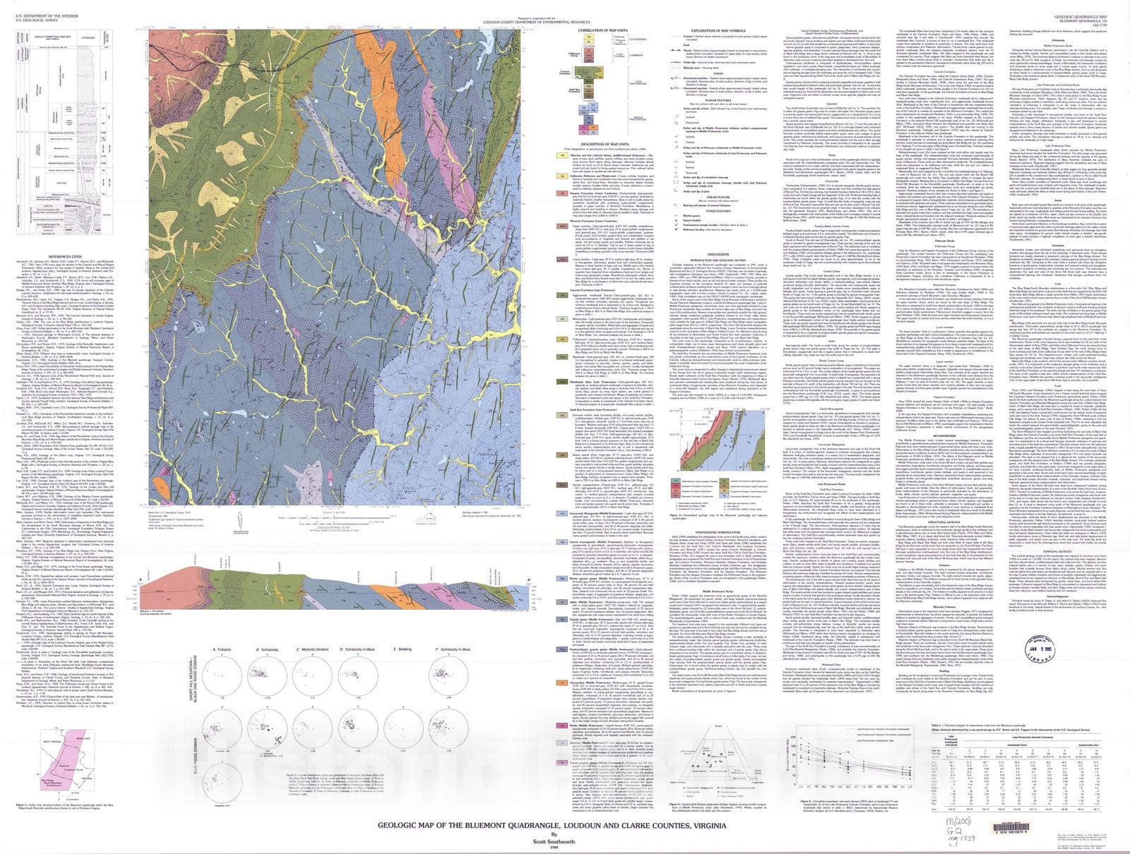 Map : Geologic map of the Bluemont quadrangle, Loudoun and Clarke Counties, Virginia, 1994 Cartography Wall Art :