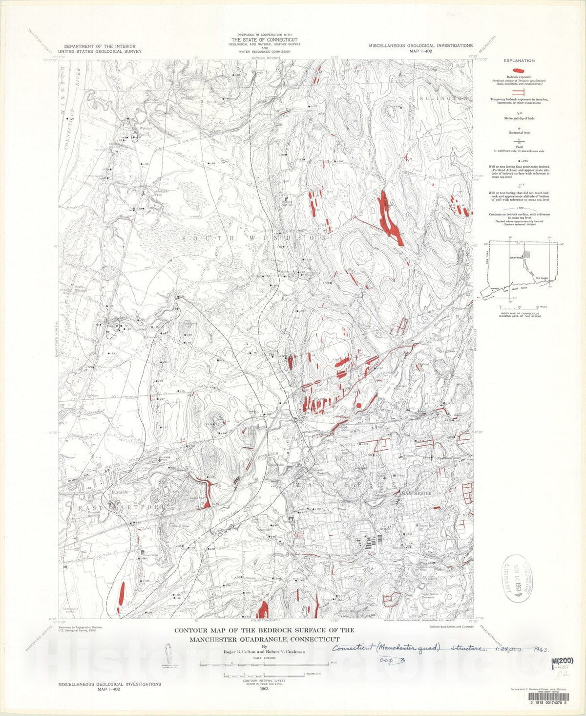 Map : Contour map of the bedrock surface of the Manchester quadrangle, Connecticut, 1963 Cartography Wall Art :