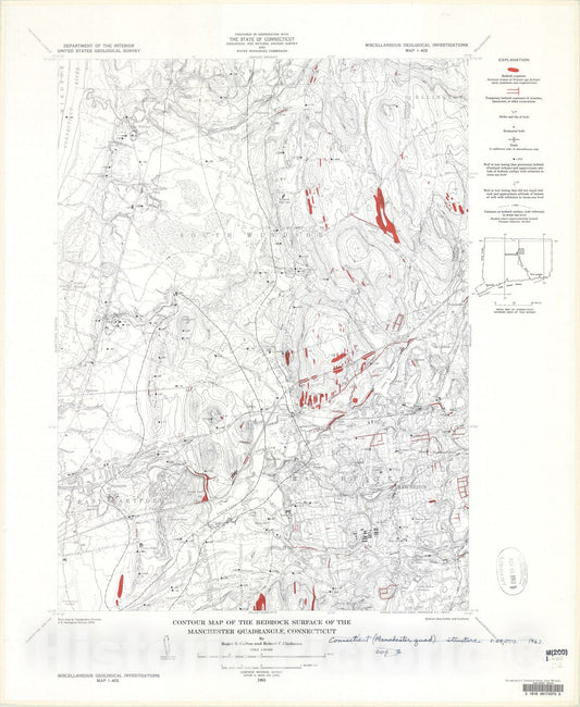 Map : Contour map of the bedrock surface of the Manchester quadrangle, Connecticut, 1963 Cartography Wall Art :