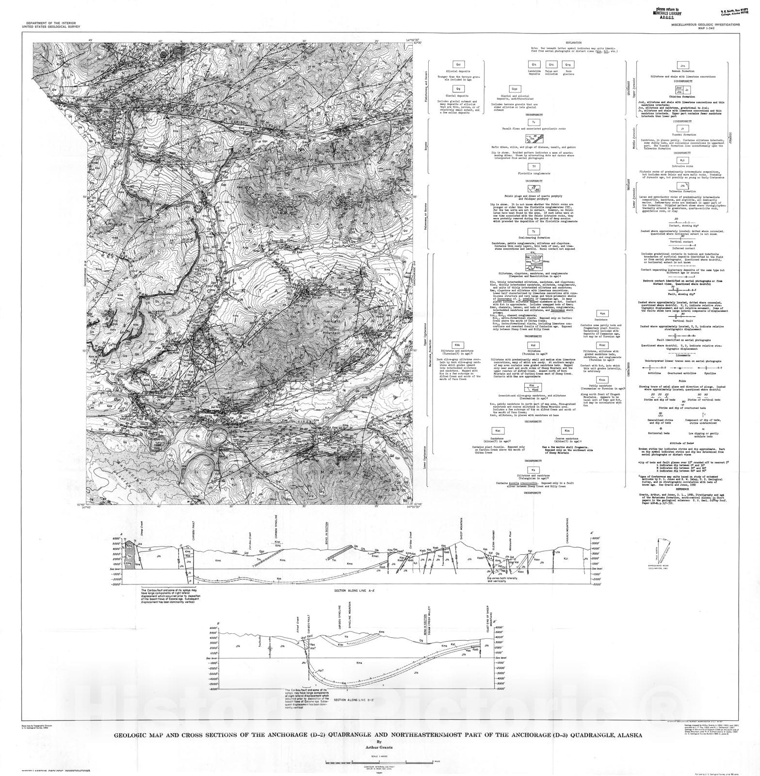 Map : Geologic map and cross sections of the Anchorage (D-2) quadrangle and northeasternmost part of the Anchorage (D-3) quadrangle, Alaska, 1961 Cartography Wall Art :