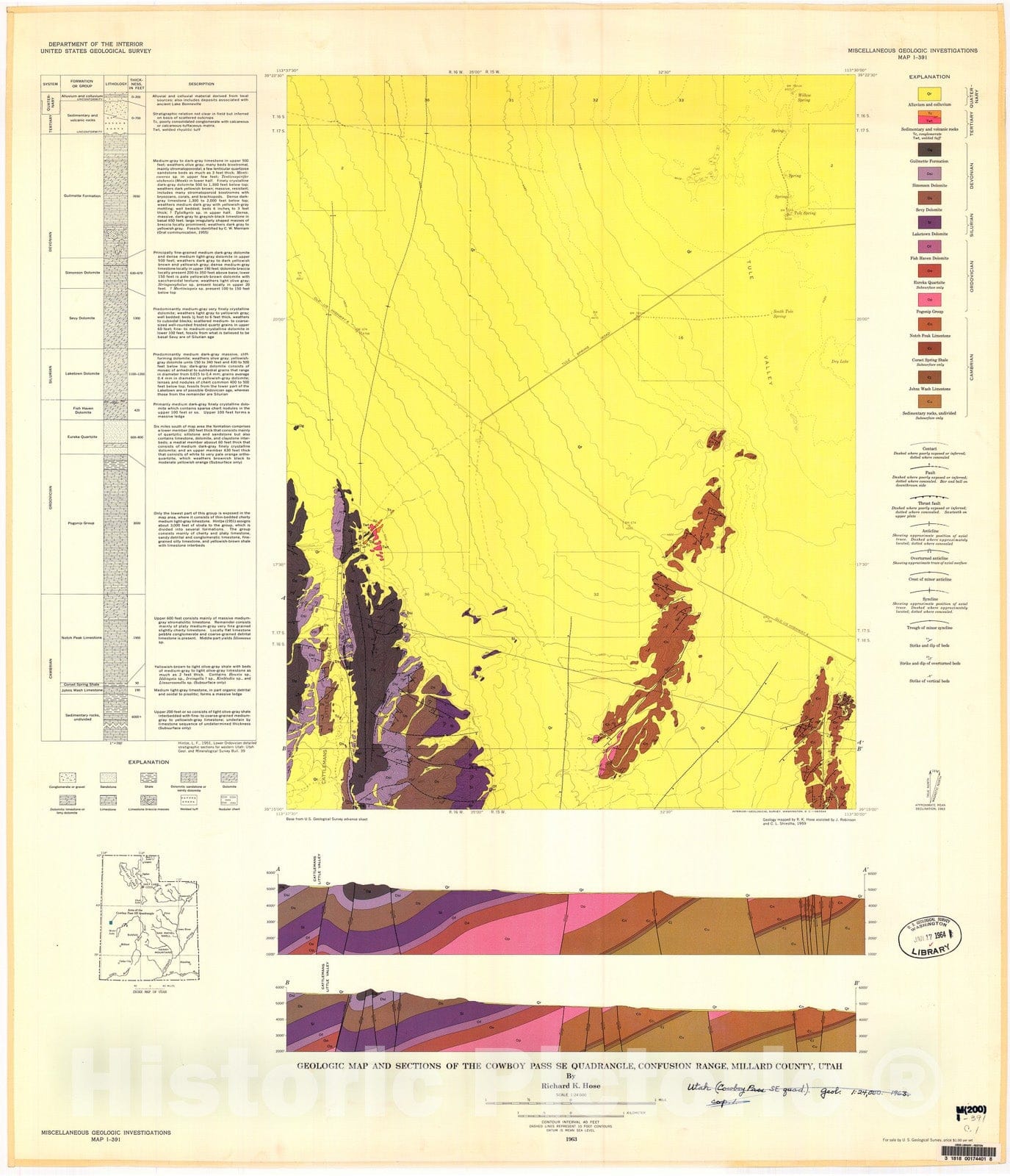 Map : Geologic map and sections of the Cowboy Pass SE quadrangle, Confusion Range, Millard County, Utah, 1963 Cartography Wall Art :