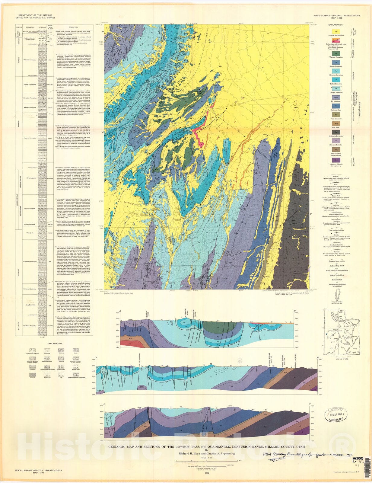 Map : Geologic map and sections of the Cowboy Pass SW quadrangle, Confusion Range, Millard County, Utah, 1964 Cartography Wall Art :