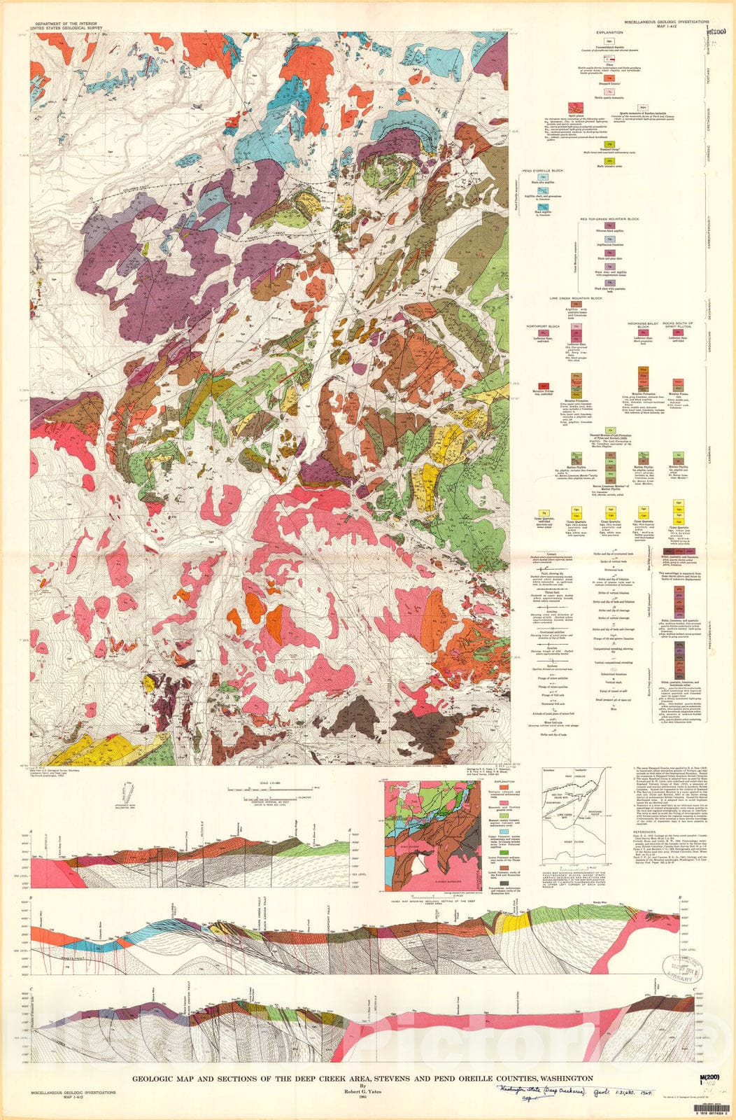 Map : Geologic map and sections of the Deep Creek area, Stevens and Pend Oreille Counties, Washington, 1964 Cartography Wall Art :