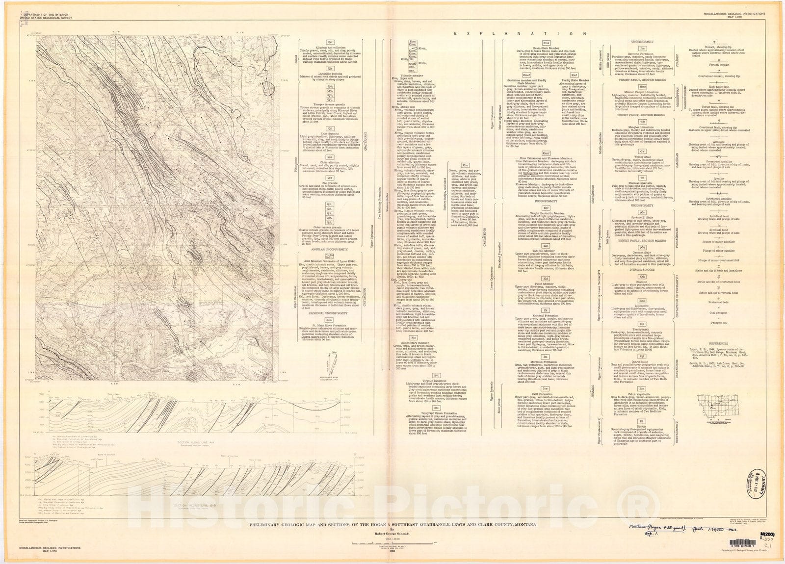 Map : Preliminary geologic map and sections of the Hogan four Southeast quadrangle, Lewis and Clark County, Montana, 1963 Cartography Wall Art :
