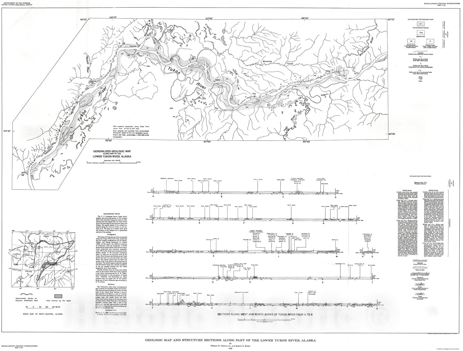 Map : Geologic map and structure sections along part of the lower Yukon River, Alaska, 1956 Cartography Wall Art :