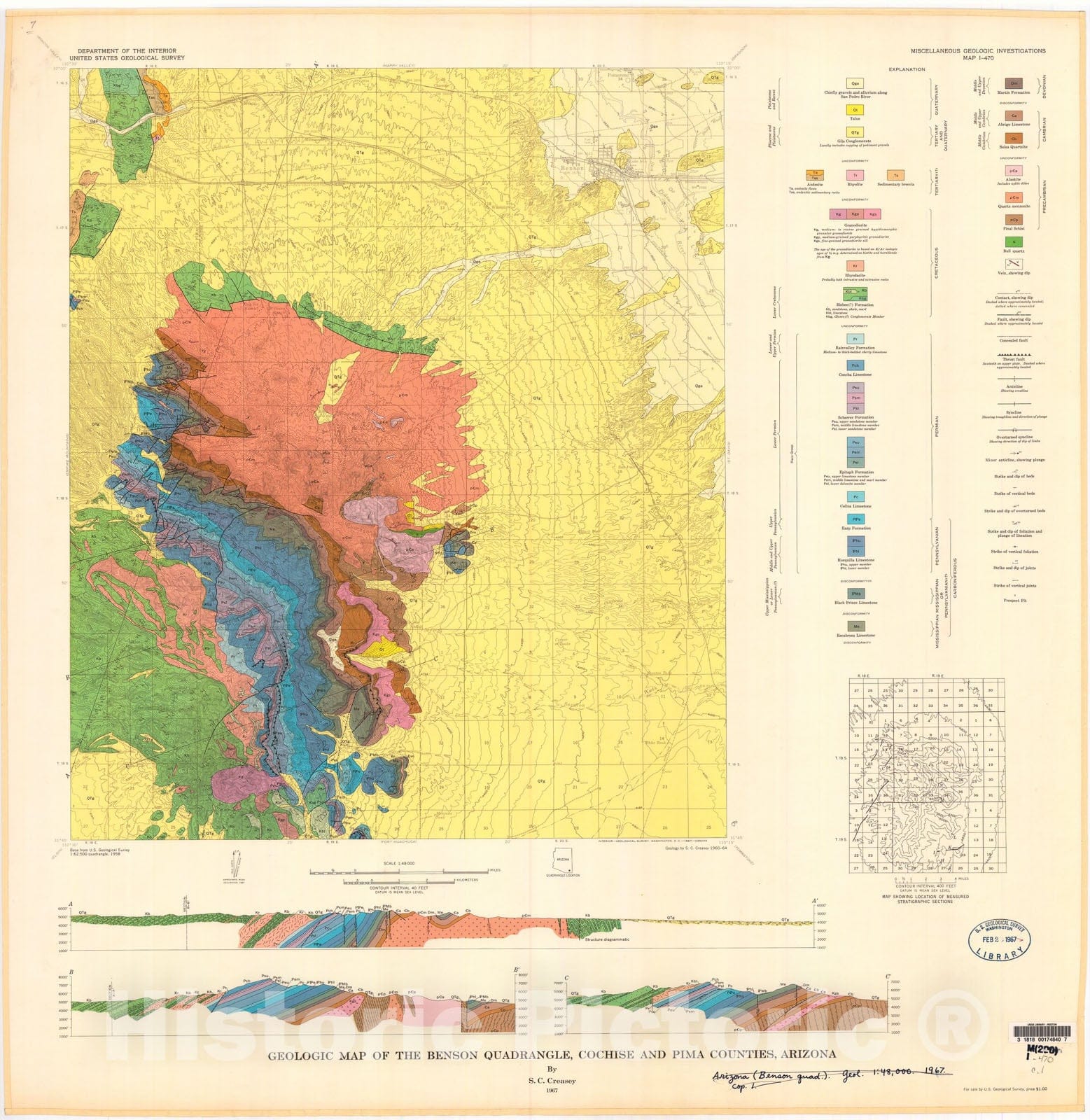 Map : Geologic map of the Benson quadrangle, Cochise and Pima Counties, Arizona, 1967 Cartography Wall Art :