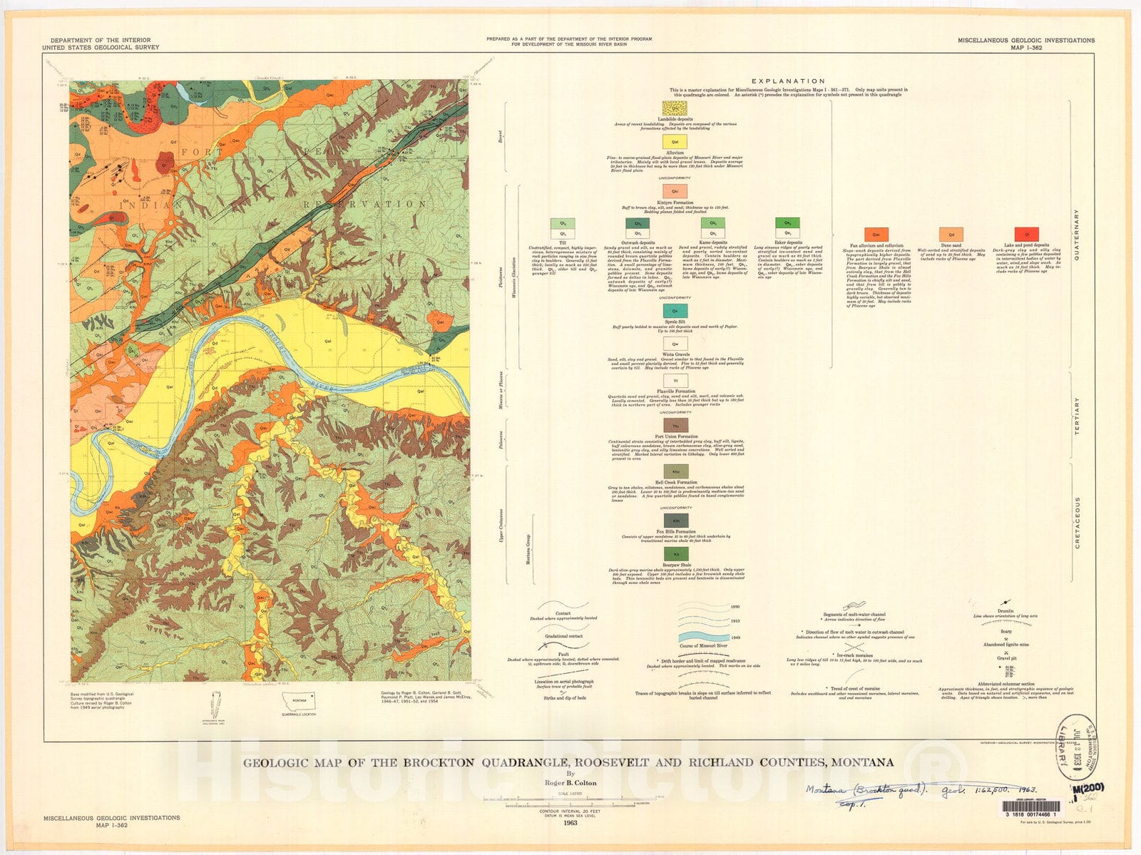 Map : Geologic map of the Brockton quadrangle, Roosevelt and Richland Counties, Montana, 1963 Cartography Wall Art :