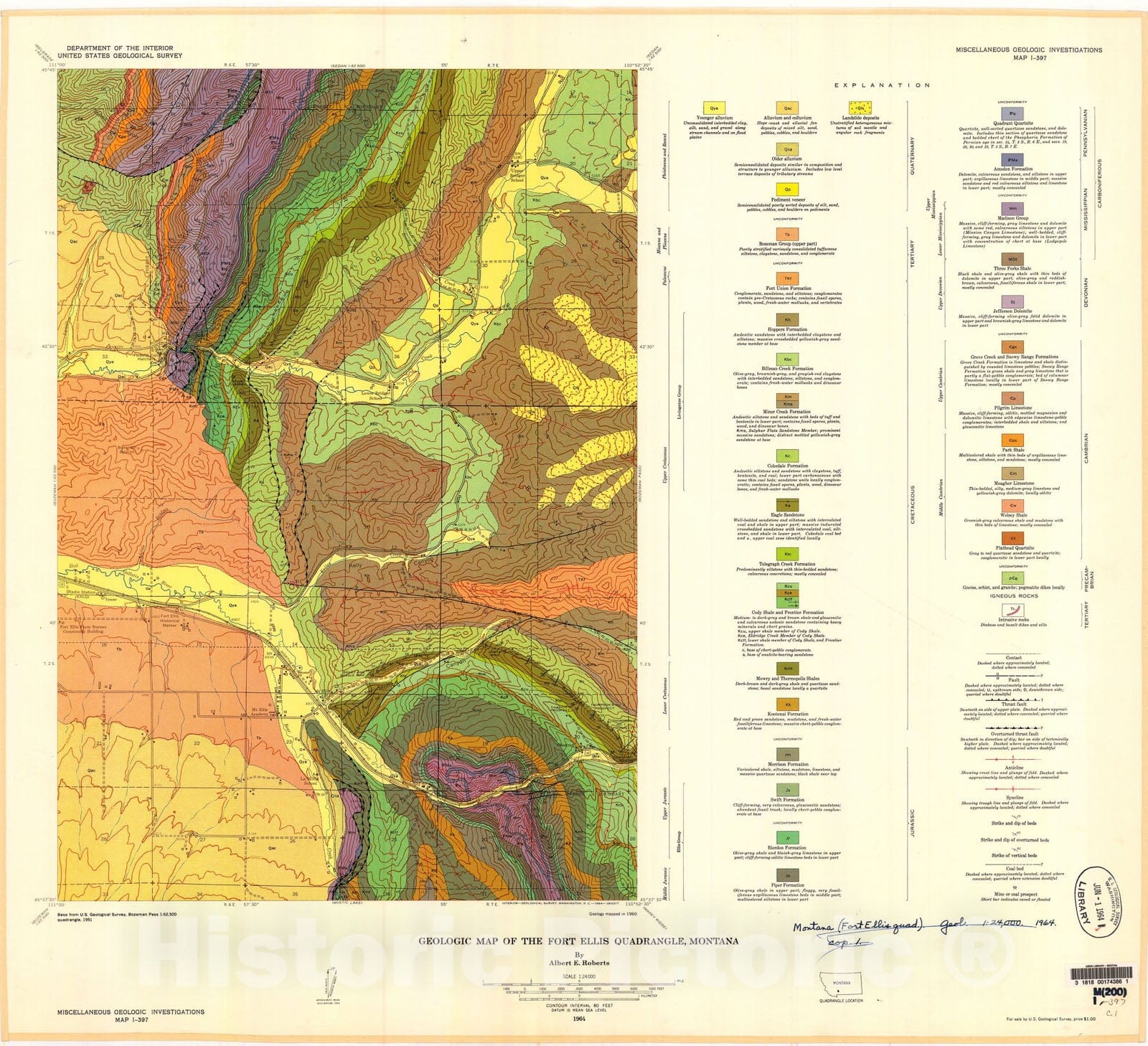 Map : Geologic map of the Fort Ellis quadrangle, Montana, 1964 Cartography Wall Art :
