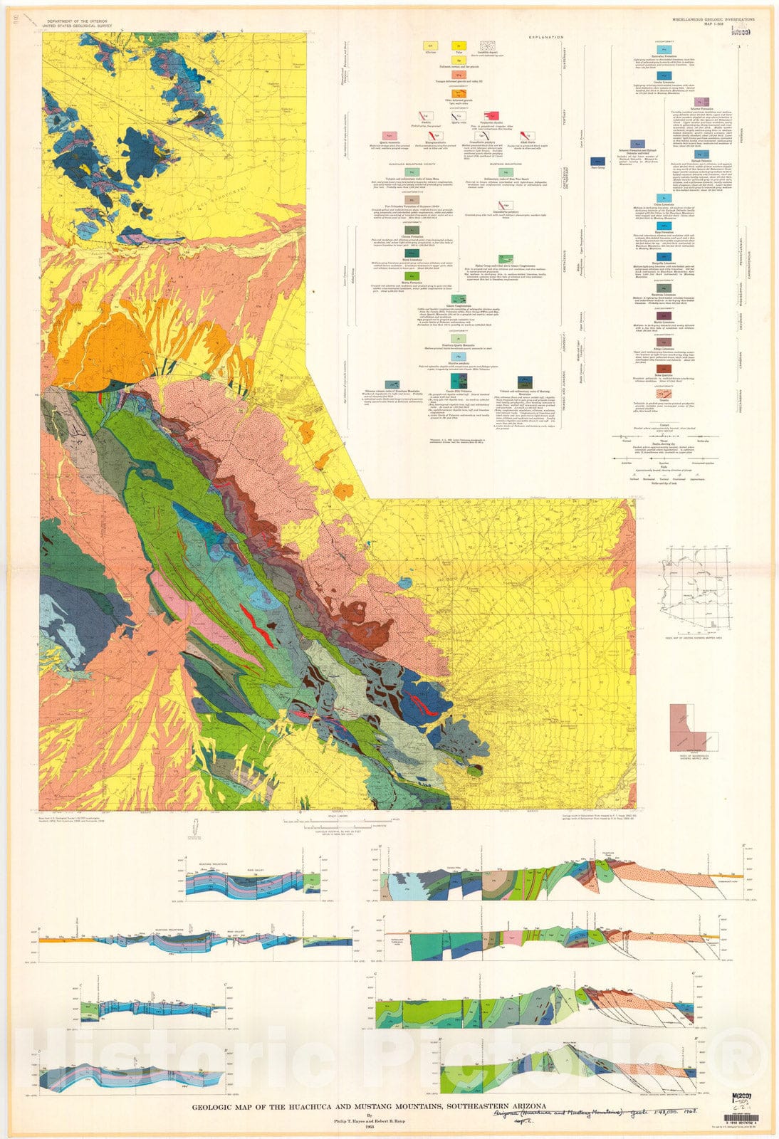 Map : Geologic map of the Huachuca and Mustang Mountains, southeastern Arizona, 1968 Cartography Wall Art :
