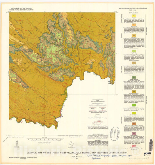 Map : Geologic map of the Indian Wells quadrangle, Terrell and Brewster Counties, Texas, 1964 Cartography Wall Art :