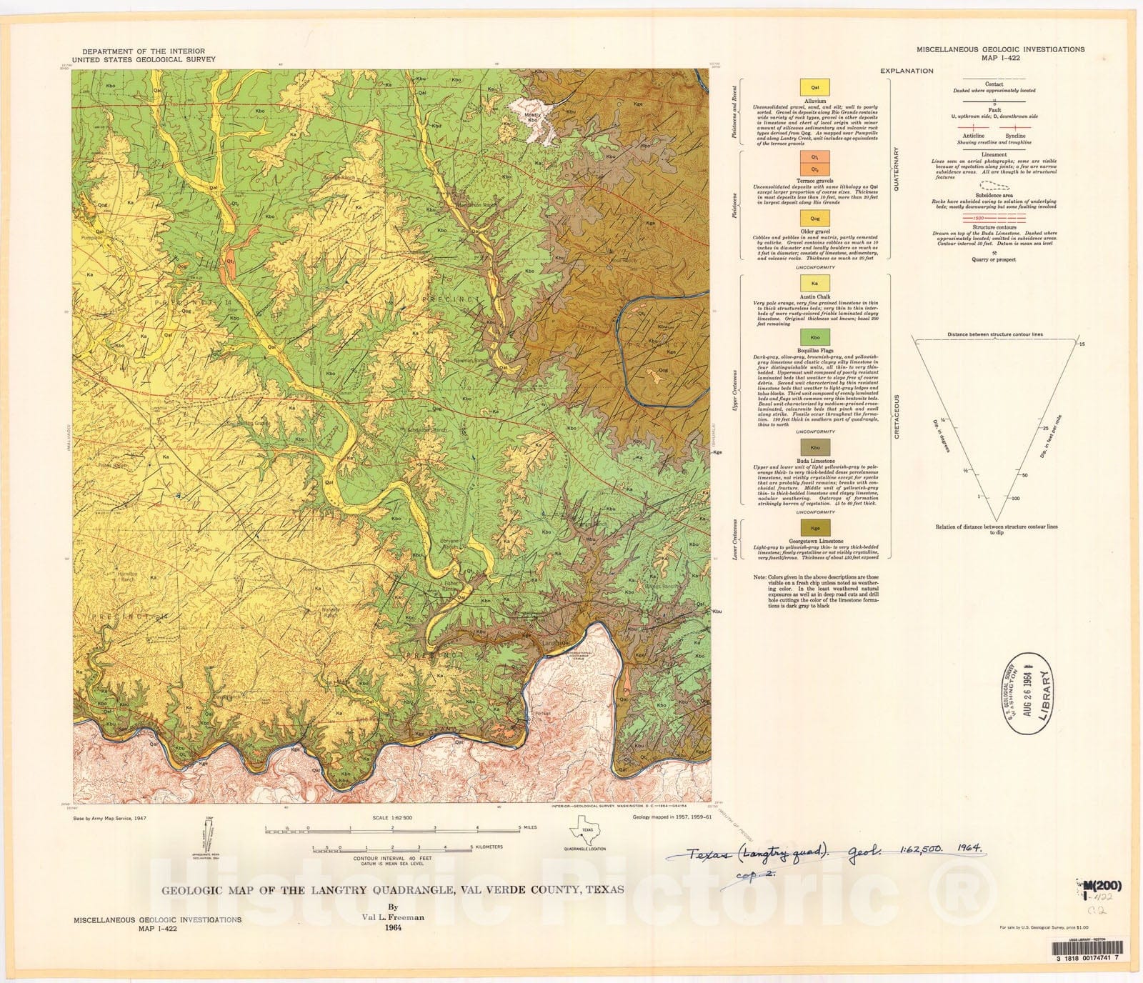 Map : Geologic map of the Langtry quadrangle, Val Verde County, Texas, 1964 Cartography Wall Art :