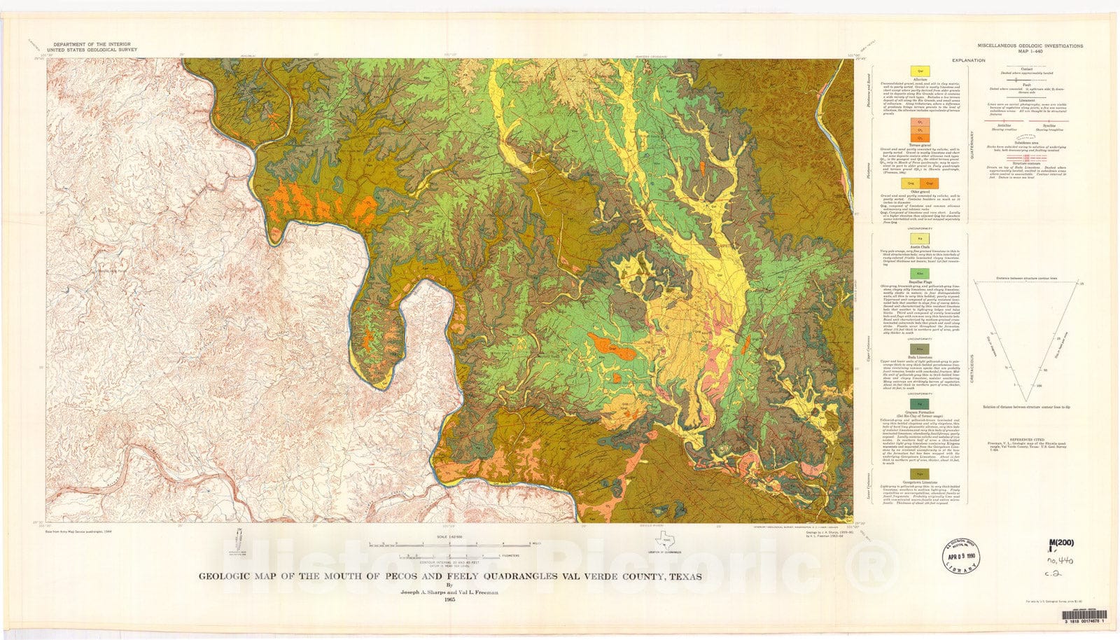 Map : Geologic map of the Mouth of the Pecos and Feely quadrangles, Val Verde County, Texas, 1965 Cartography Wall Art :