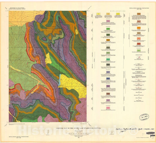 Map : Geologic map of the Mystic Lake quadrangle, Montana, 1964 Cartography Wall Art :