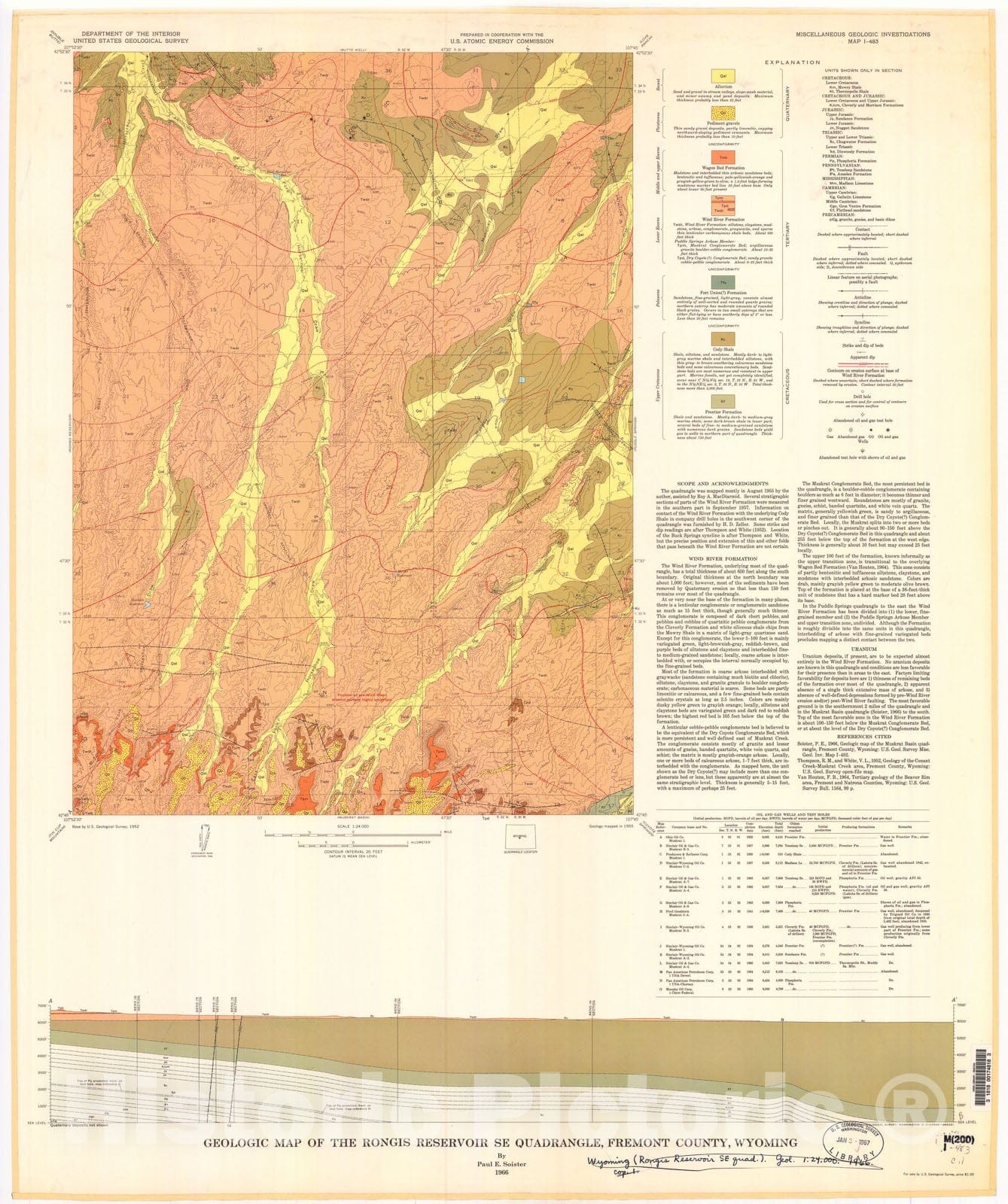 Map : Geologic map of the Rongis Reservoir SE quadrangle, Fremont County, Wyoming, 1966 Cartography Wall Art :