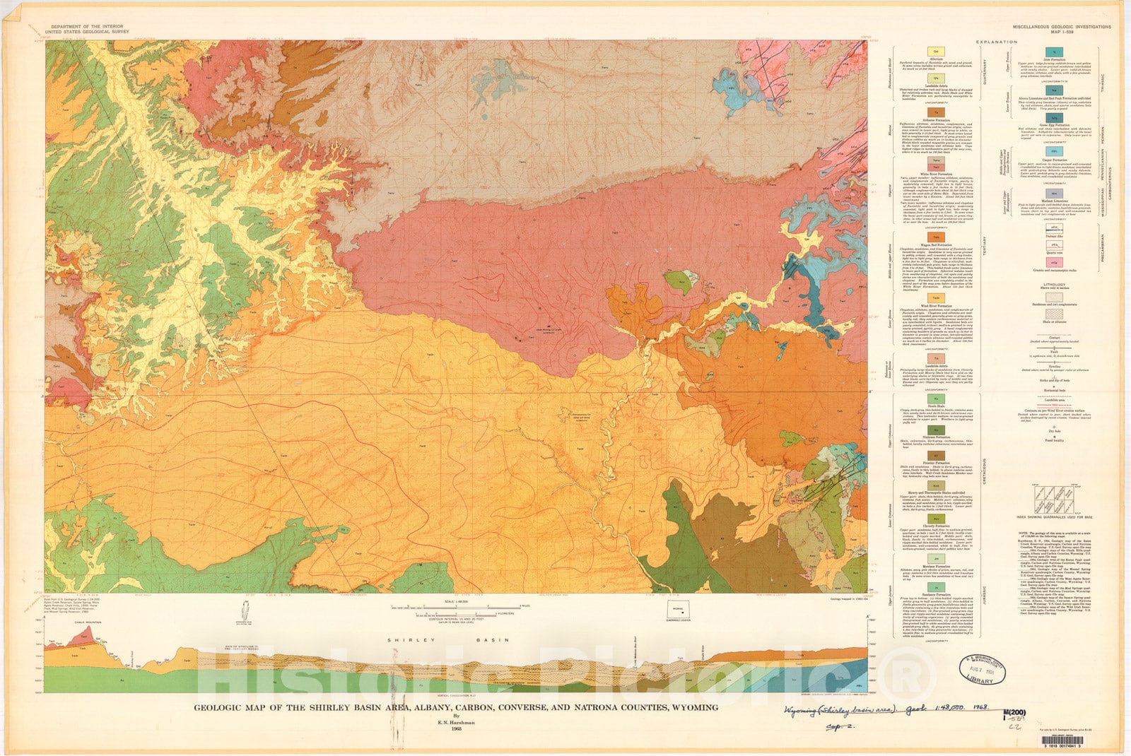 Map : Geologic map of the Shirley Basin area, Albany, Carbon, Converse, and Natrona Counties, Wyoming, 1968 Cartography Wall Art :