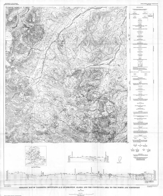 Map : Geologic map of the Talkeetna Mountains (A-2) quadrangle, Alaska and the contiguous area to the north and northwest, 1960 Cartography Wall Art :