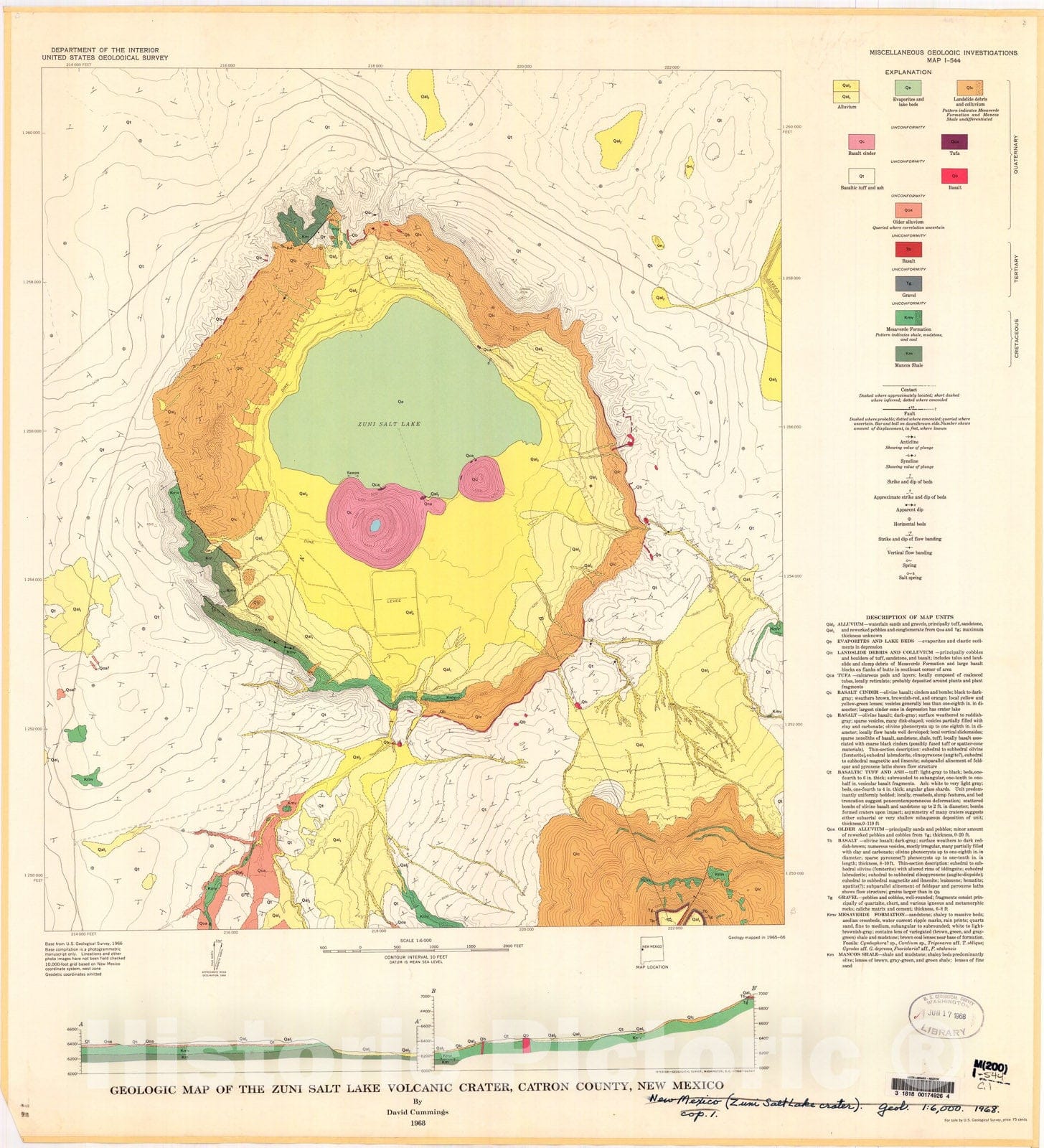 Map : Geologic map of the Zuni Salt Lake volcanic crater, Catron County, New Mexico, 1968 Cartography Wall Art :