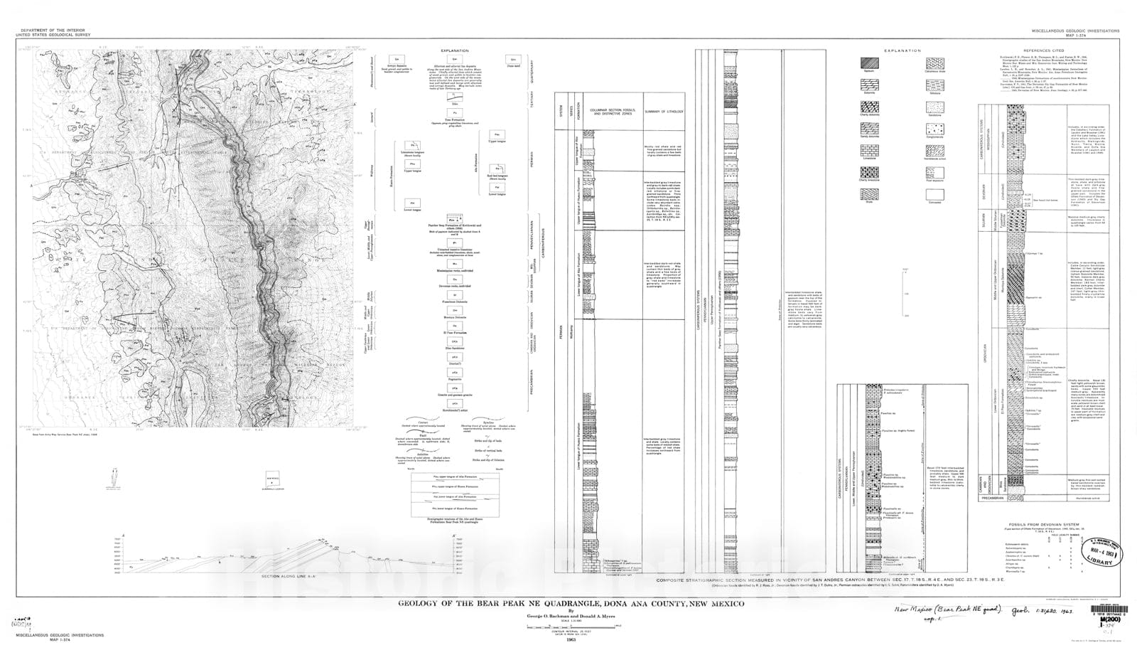Map : Geology of the Bear Peak NE quadrangle, Dona Ana County, New Mexico, 1963 Cartography Wall Art :