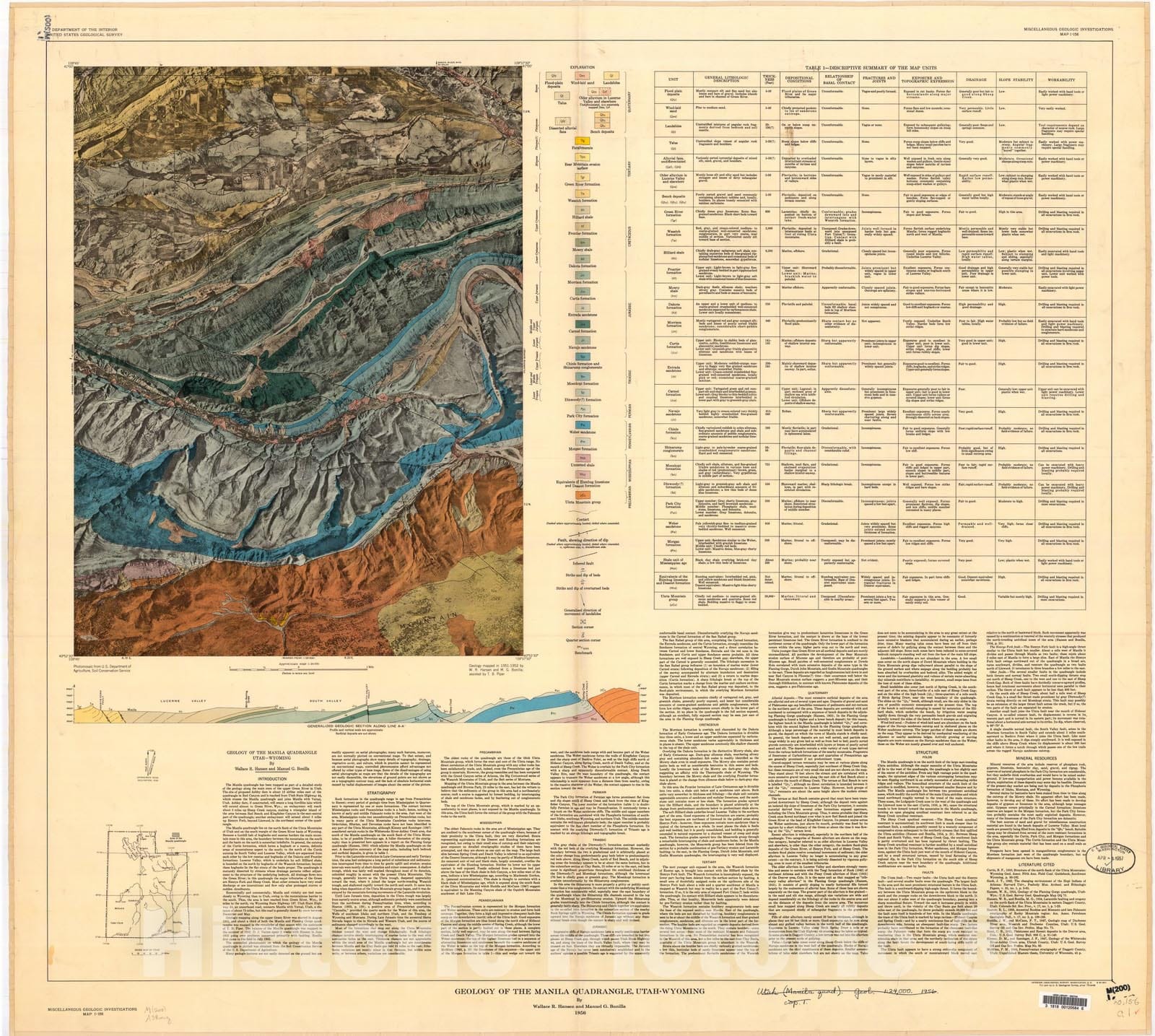 Map : Geology of the Manila quadrangle, Utah-Wyoming, 1956 Cartography Wall Art :