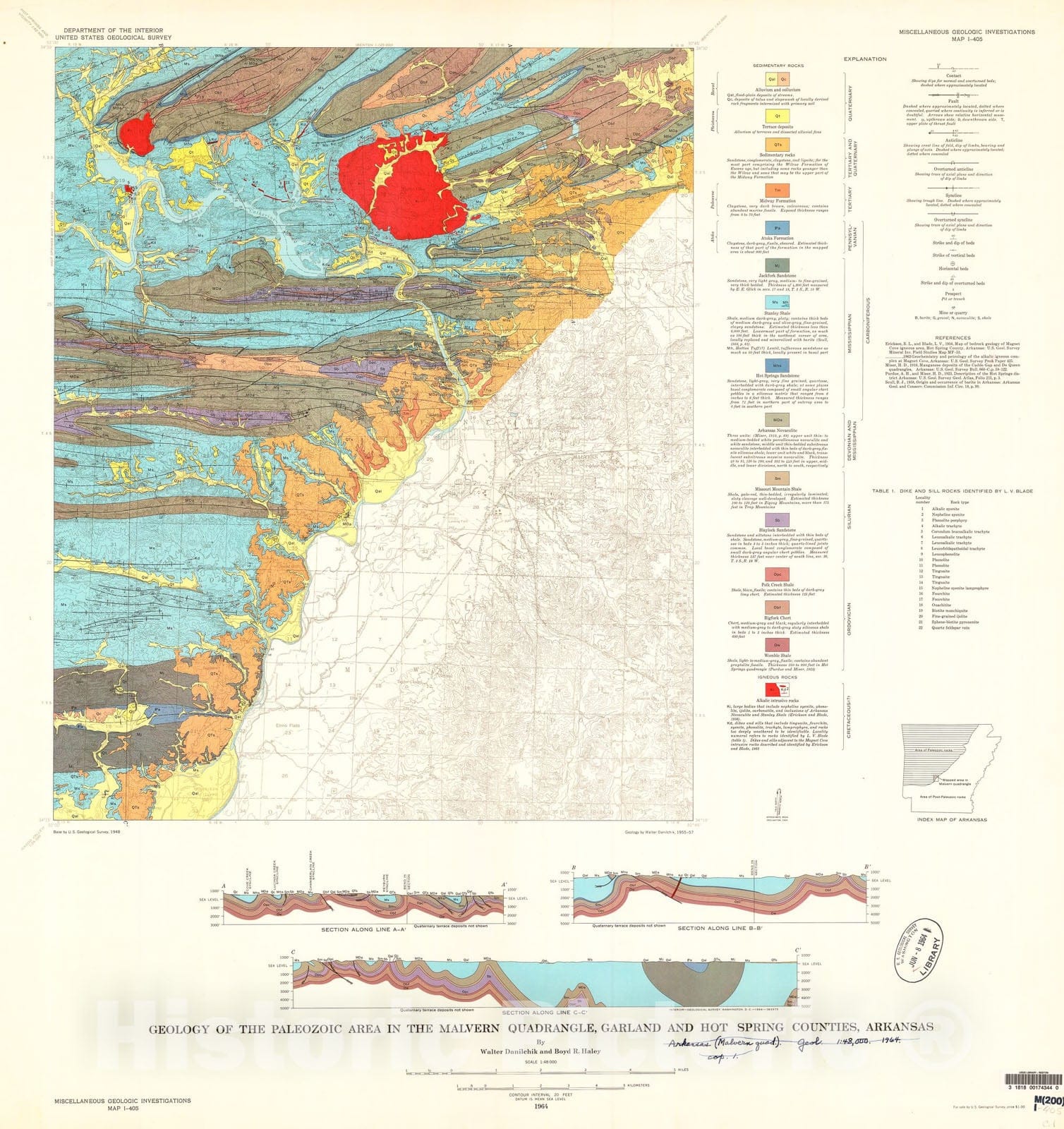 Map : Geology of the Paleozoic area in the Malvern quadrangle, Garland and Hot Spring Counties, Arkansas, 1964 Cartography Wall Art :