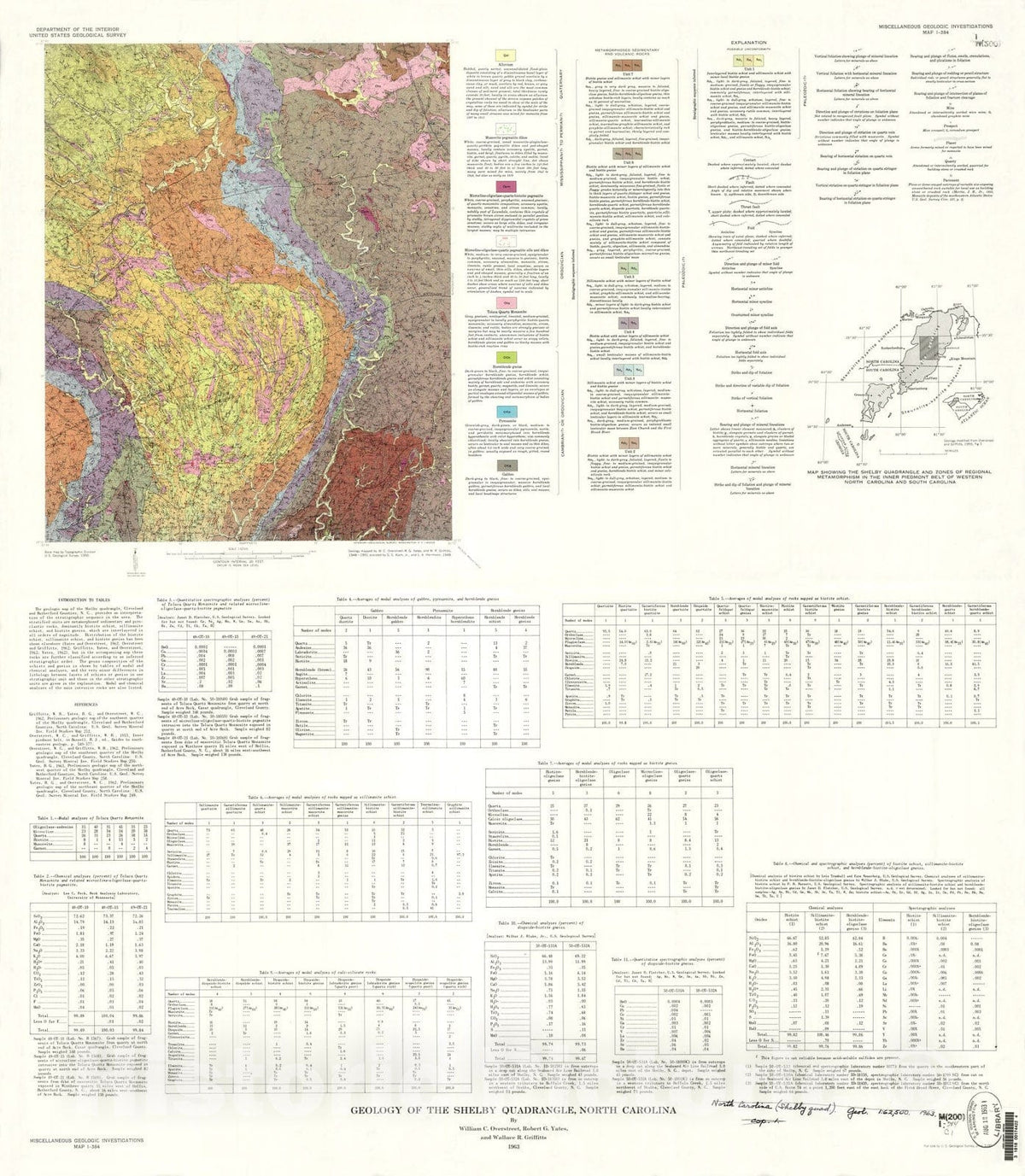 Map : Geology of the Shelby quadrangle, North Carolina, 1963 Cartography Wall Art :