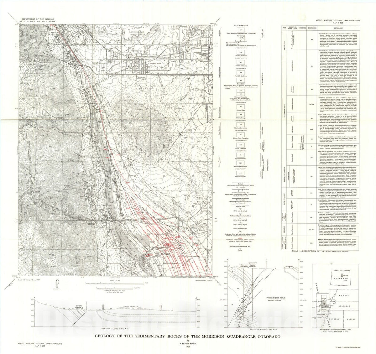 Map : Geology of the sedimentary rocks of the Morrison quadrangle, Colorado, 1964 Cartography Wall Art :