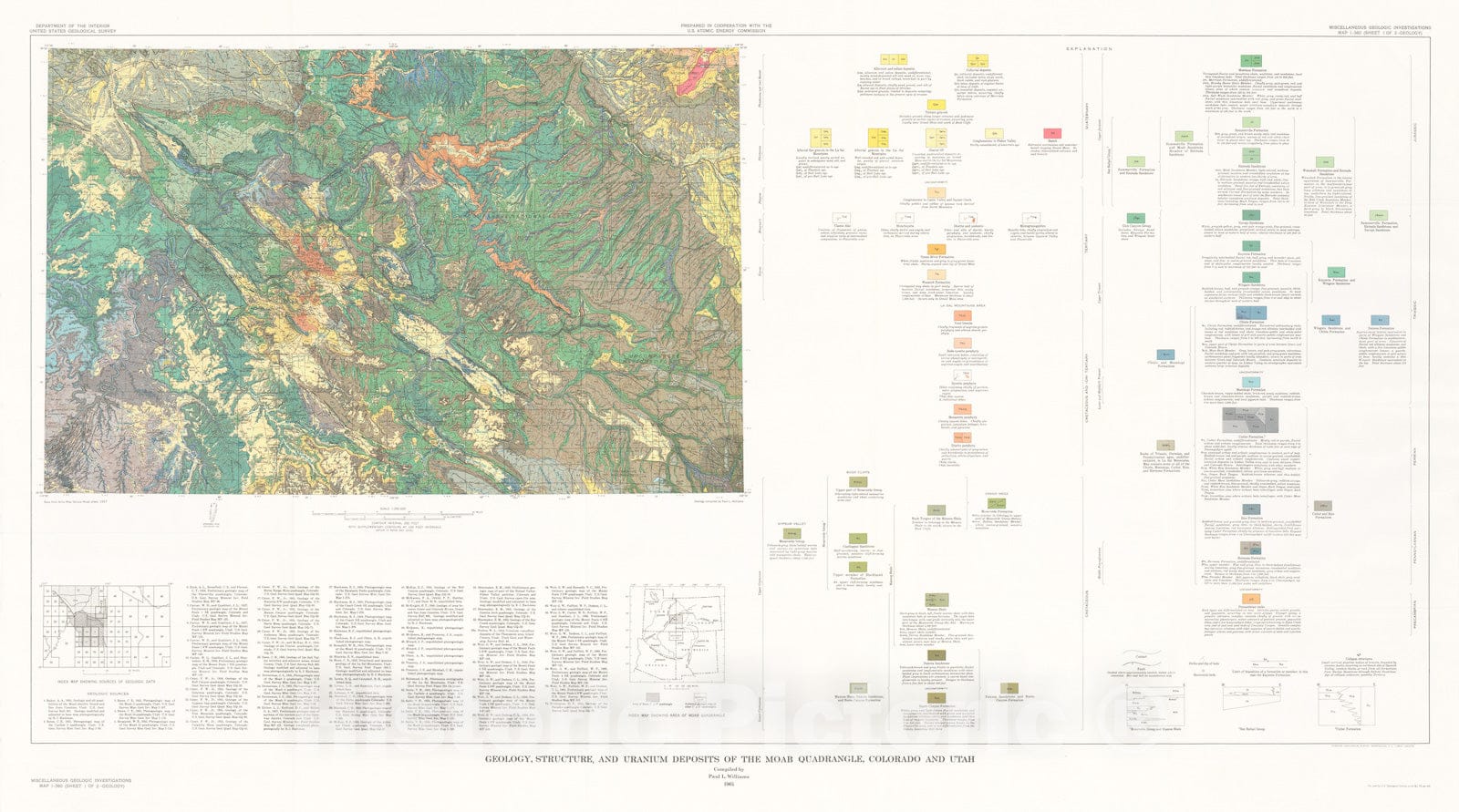 Map : Geology, structure, and uranium deposits of the Moab quadrangle, Colorado and Utah, 1964 Cartography Wall Art :