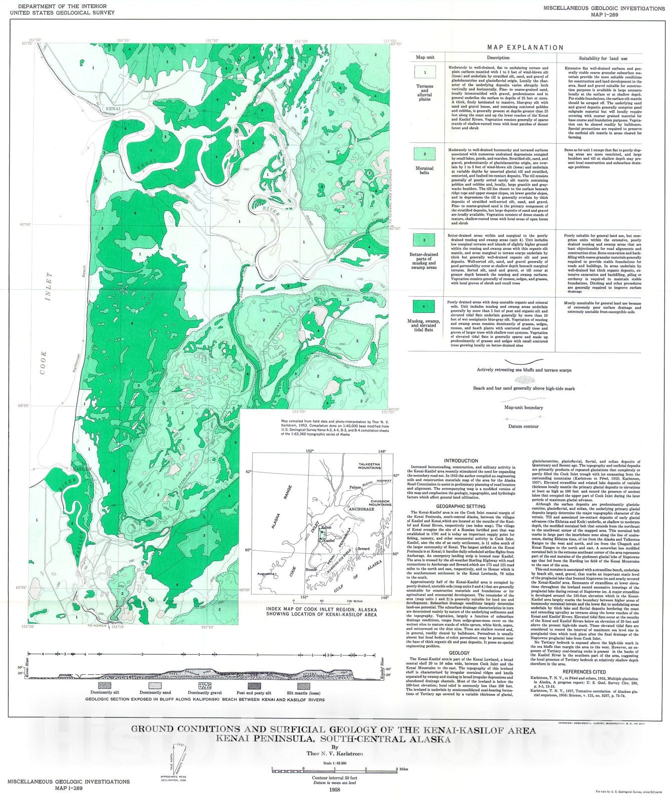 Map : Ground conditions and surficial geology of the Kenai-Kasilof area, Kenai Peninsula, south-central Alaska, 1958 Cartography Wall Art :