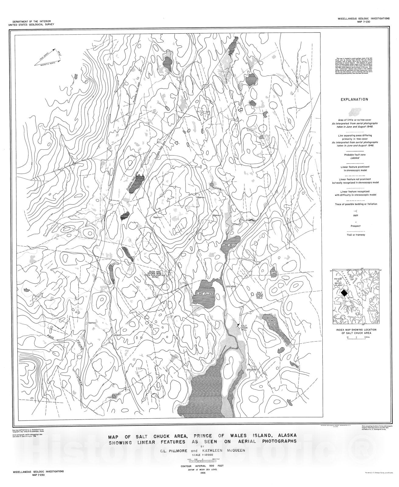 Map : Map of Salt Chuck area, Prince of Wales Island, Alaska showing linear features as seen on aerial photographs, 1956 Cartography Wall Art :