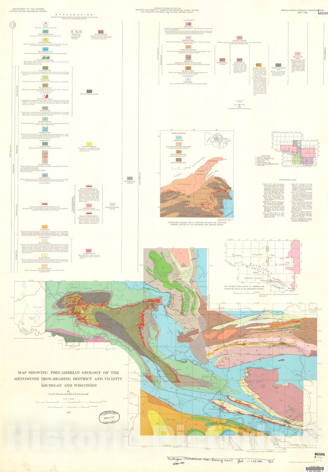 Map : Map showing Precambrian geology of the Menominee iron-bearing district and vicinity, Michigan and Wisconsin, 1967 Cartography Wall Art :