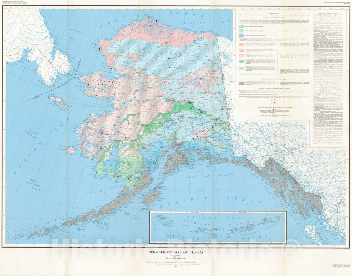 Map : Permafrost map of Alaska, 1965 Cartography Wall Art :