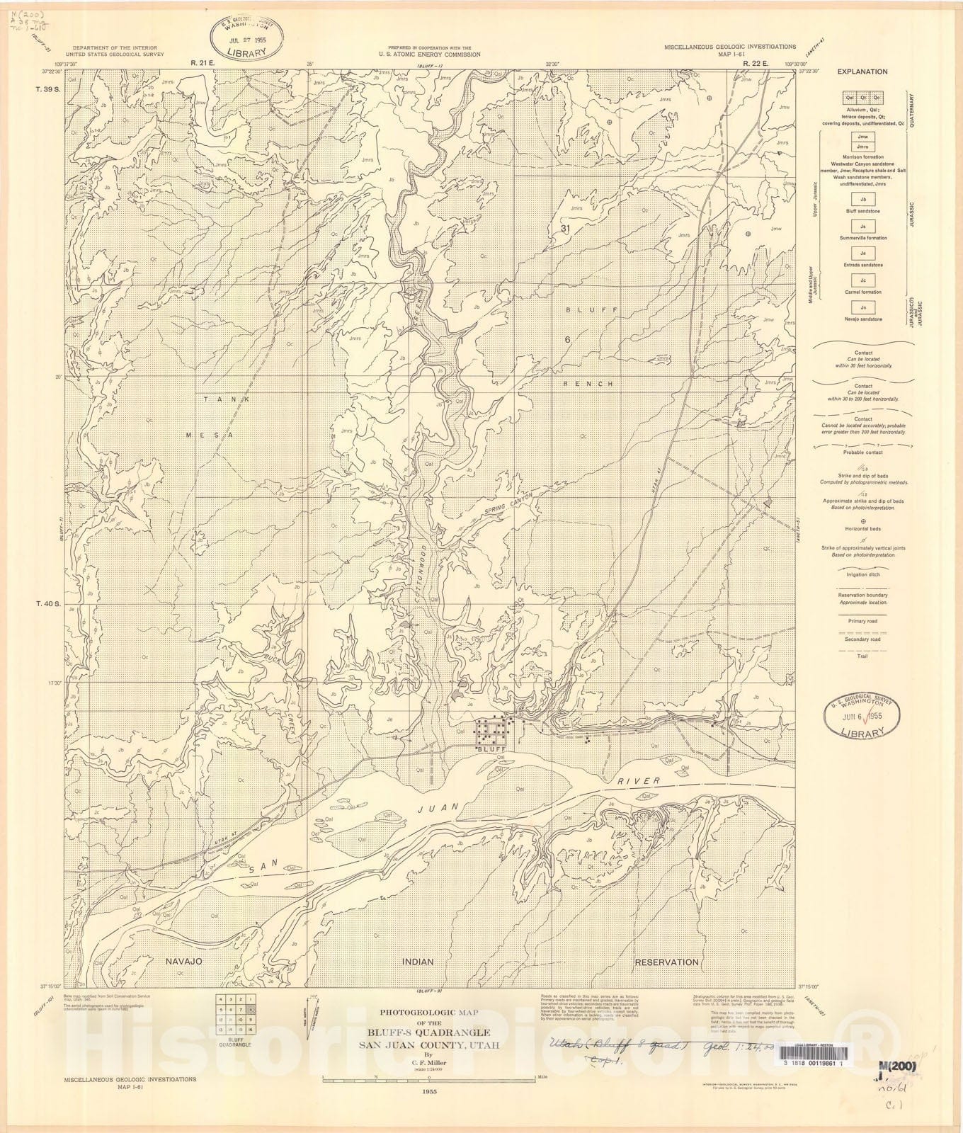 Map : Photogeologic map of the Bluff-8 quadrangle, San Juan County, Utah, 1955 Cartography Wall Art :