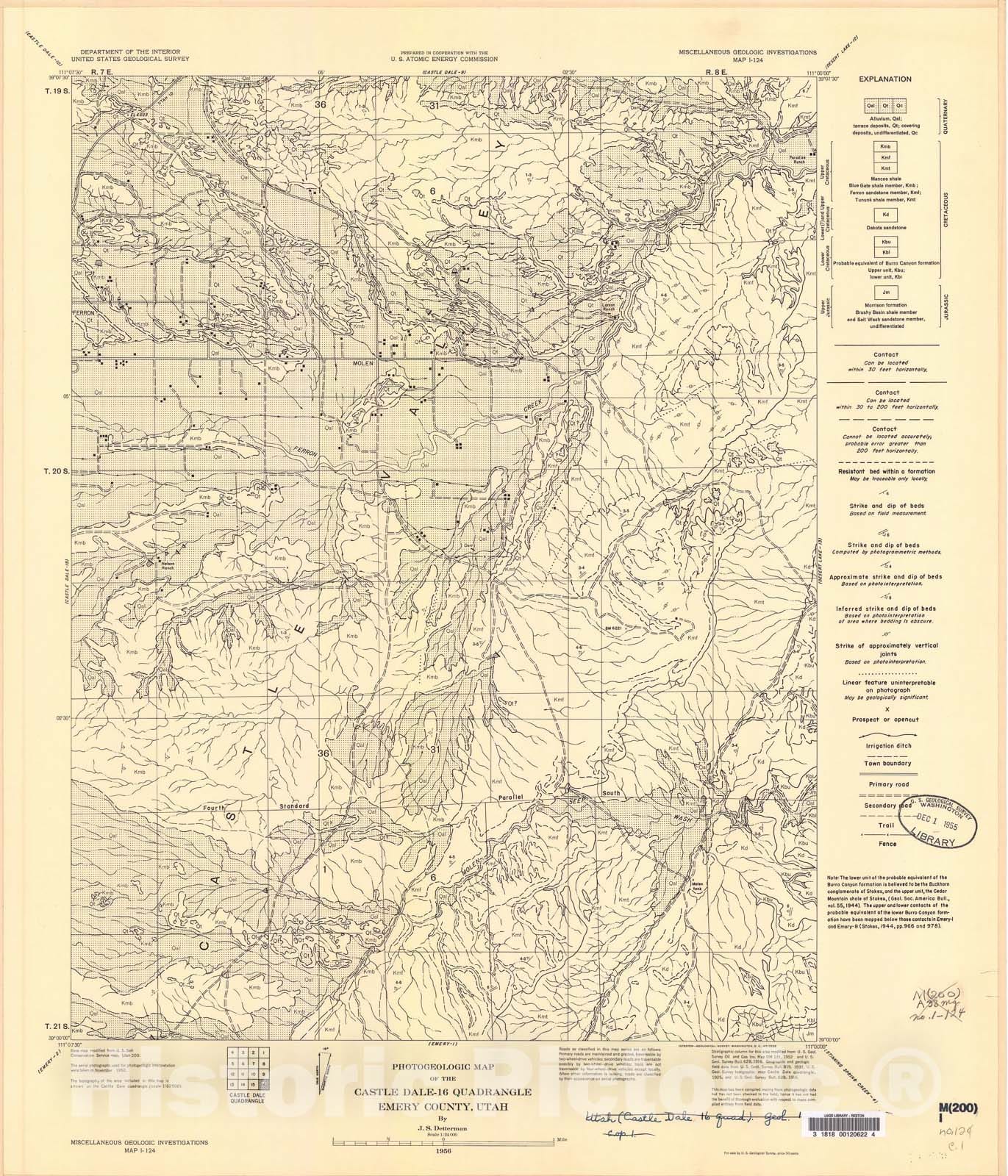 Map : Photogeologic map of the Castle Dale-16 quadrangle, Emery County, Utah, 1956 Cartography Wall Art :