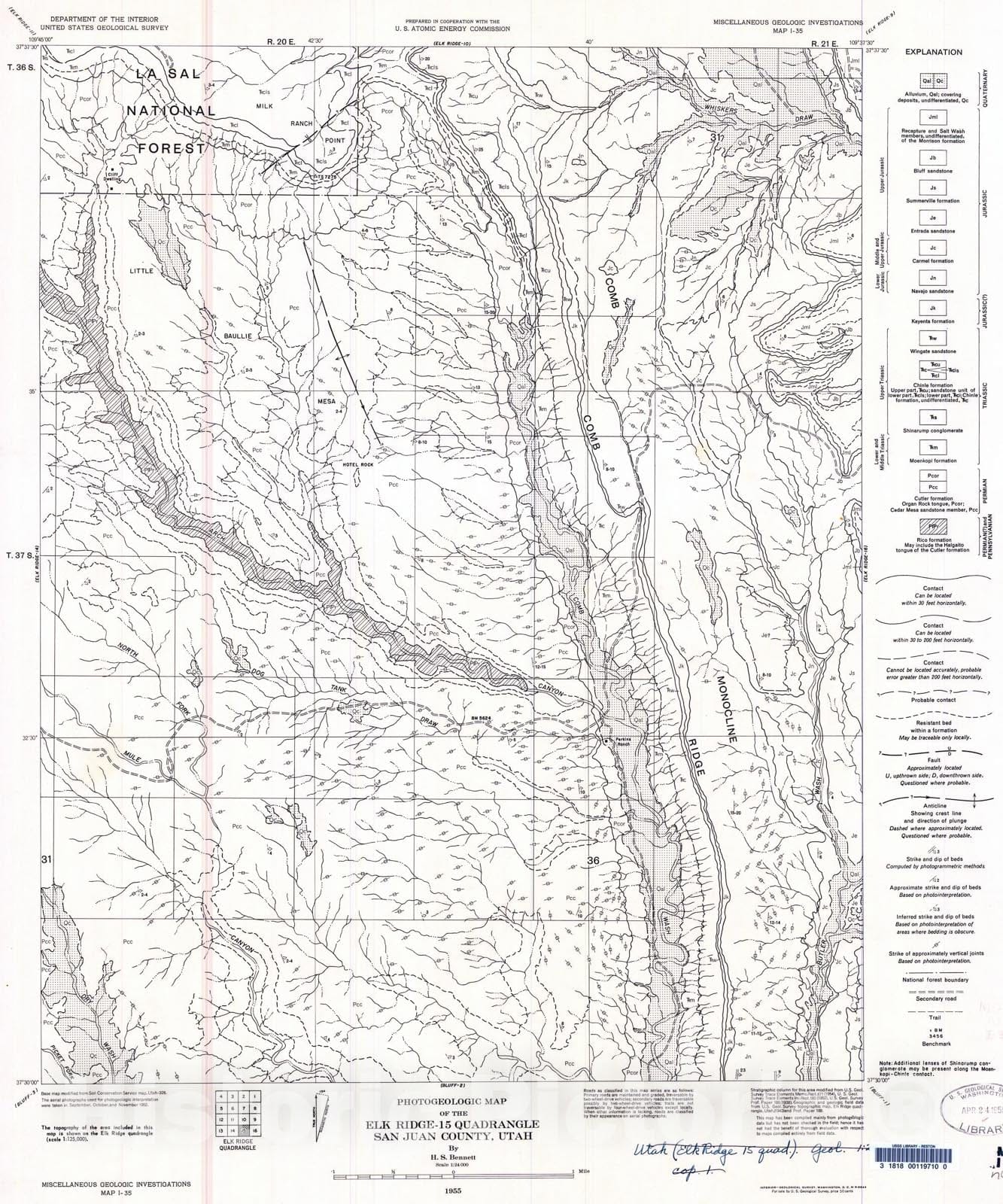Map : Photogeologic map of the Elk Ridge-15 quadrangle, San Juan County, Utah, 1955 Cartography Wall Art :