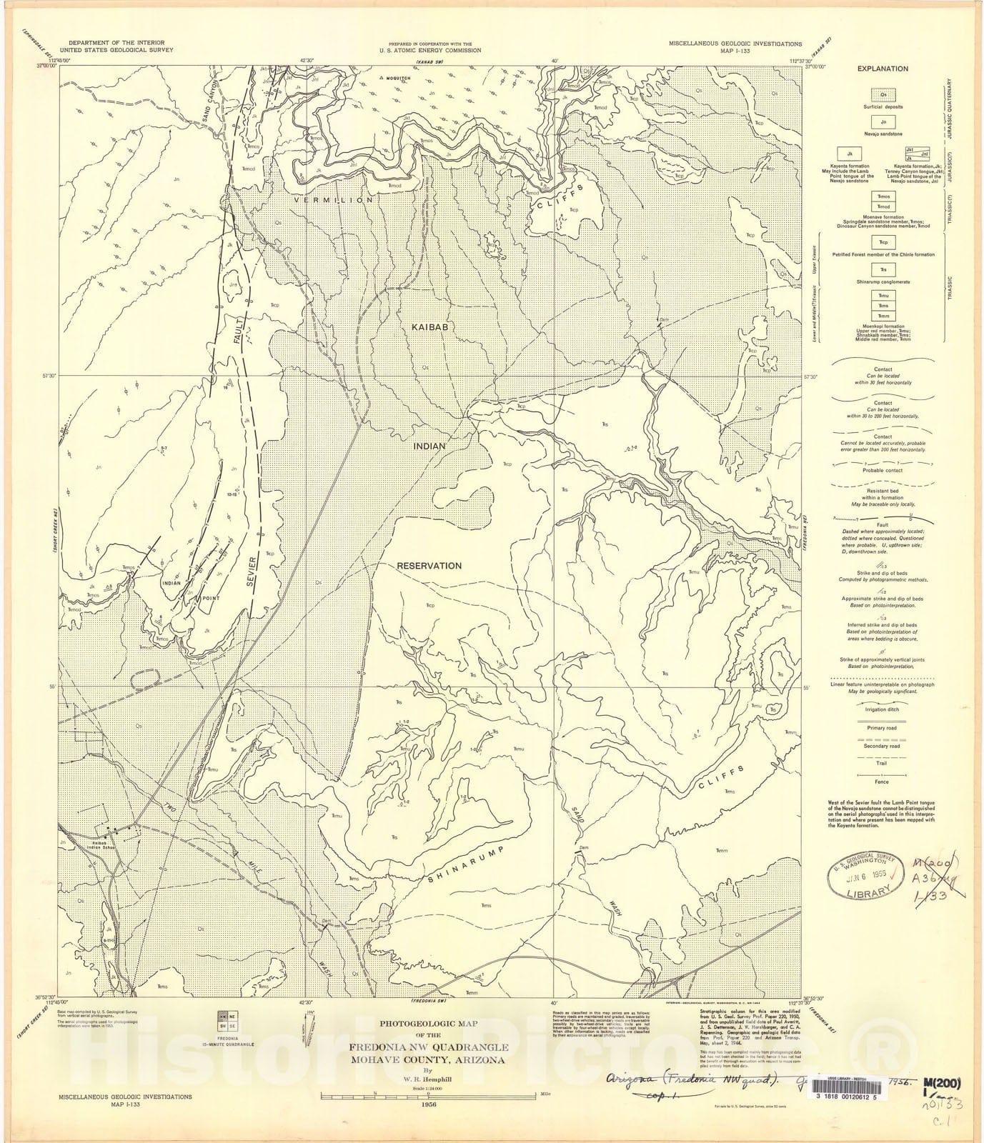 Map : Photogeologic map of the Fredonia NW quadrangle, Mohave County, Arizona, 1956 Cartography Wall Art :