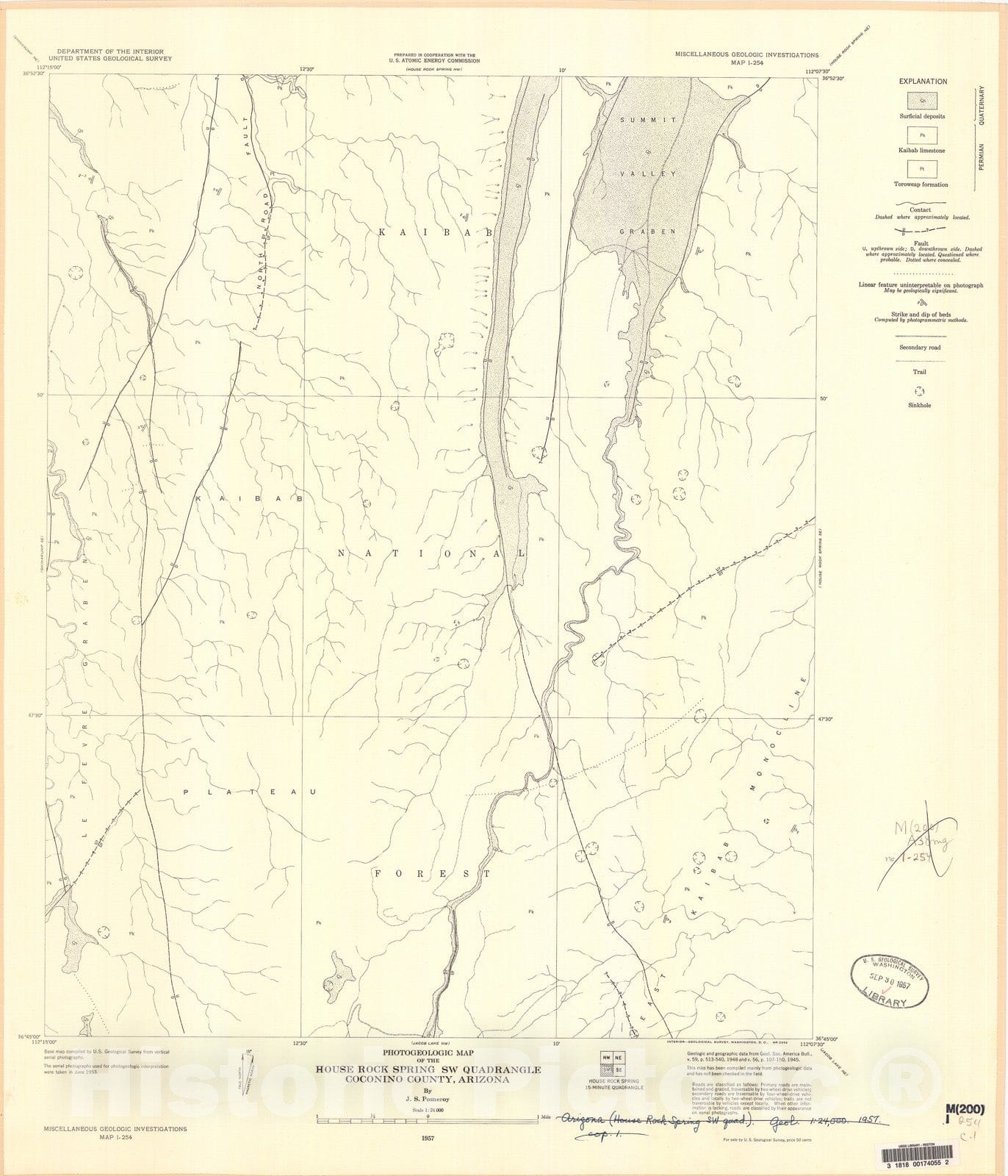 Map : Photogeologic map of the House Rock Spring SW quadrangle, Coconino County, Arizona, 1957 Cartography Wall Art :