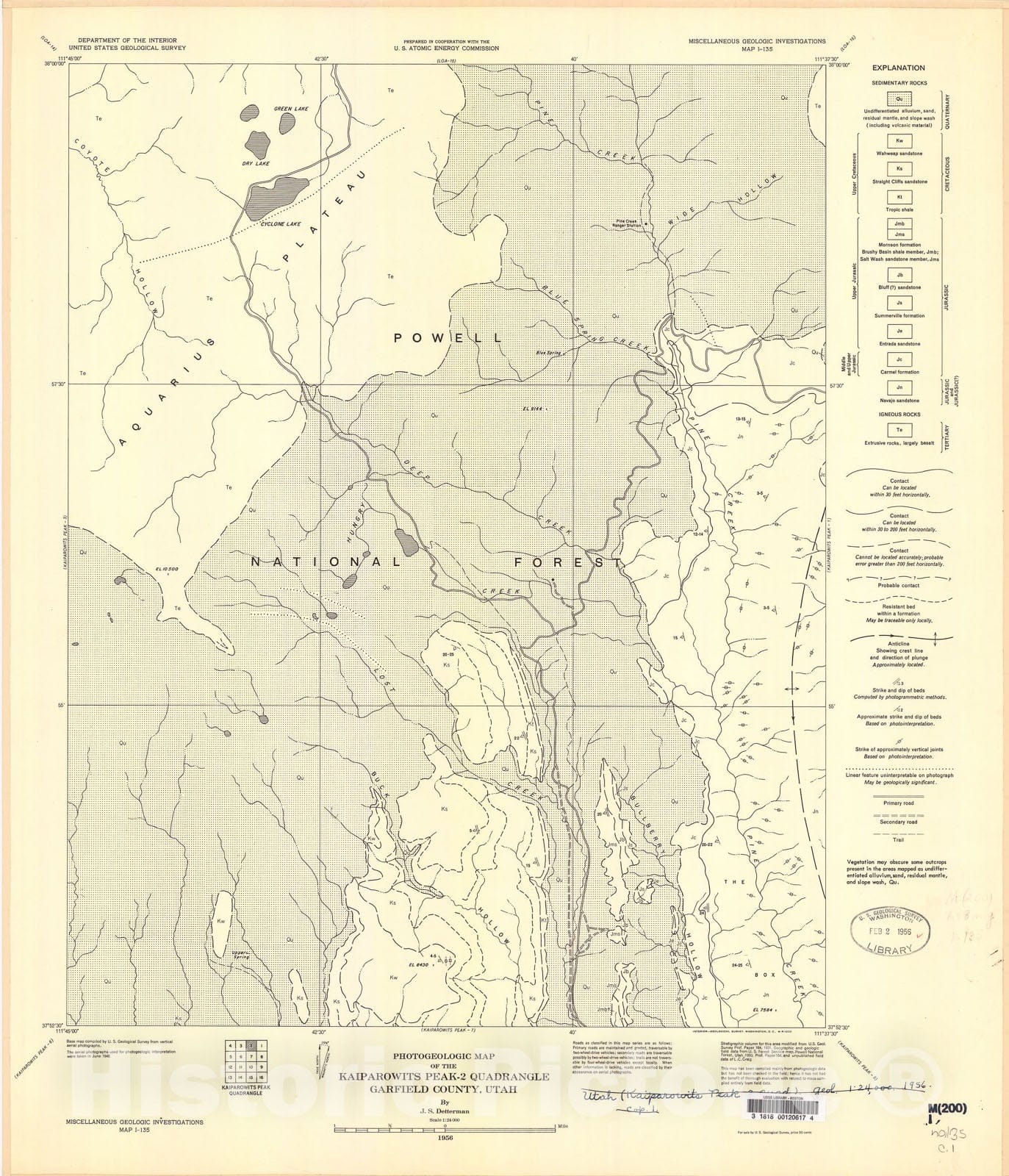 Map : Photogeologic map of the Kaiparowits Peak-2 quadrangle, Garfield County, Utah, 1956 Cartography Wall Art :