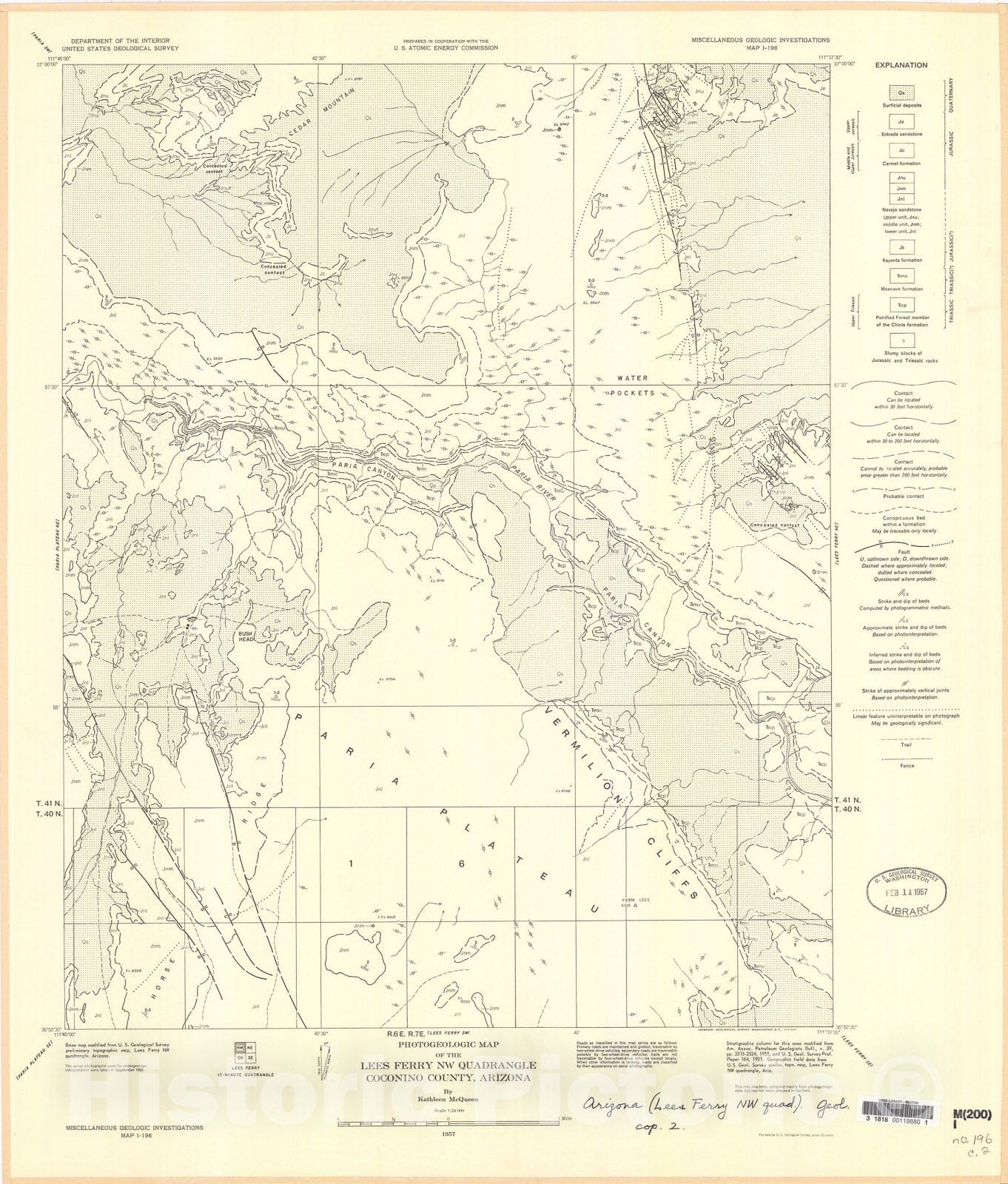 Map : Photogeologic map of the Lees Ferry NW quadrangle, Coconino County, Arizona, 1957 Cartography Wall Art :