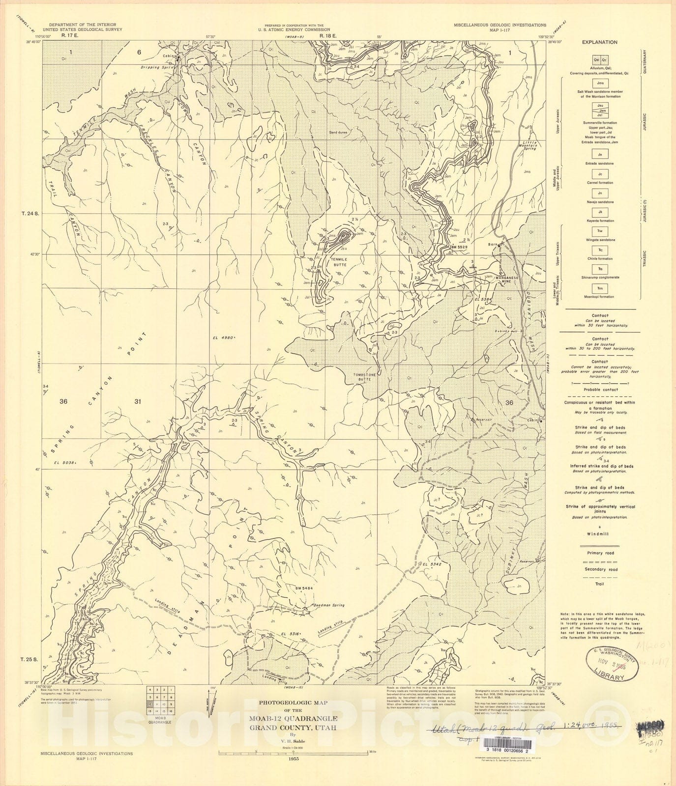 Map : Photogeologic map of the Moab-12 quadrangle, Grand County, Utah, 1955 Cartography Wall Art :