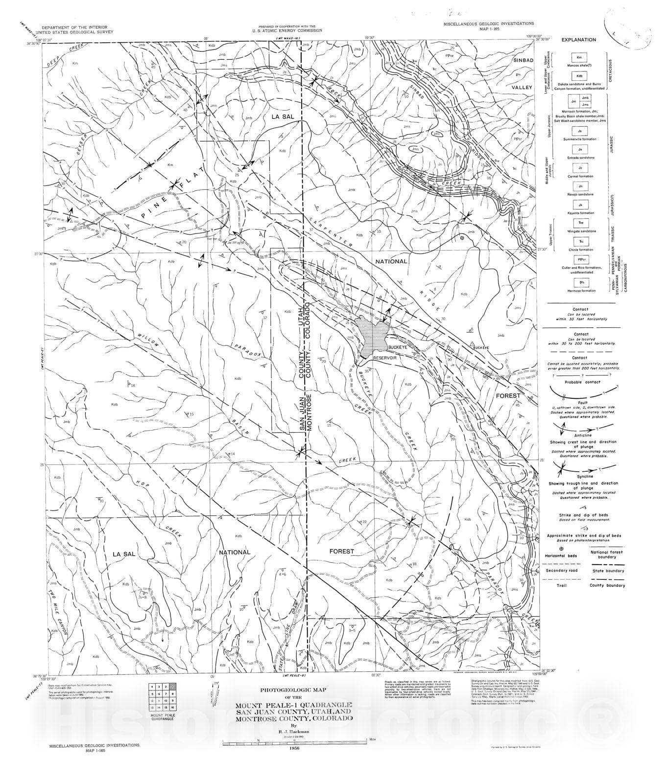 Map : Photogeologic map of the Mount Peale-1 quadrangle, San Juan County, Utah, and Montrose County, Colorado, 1956 Cartography Wall Art :