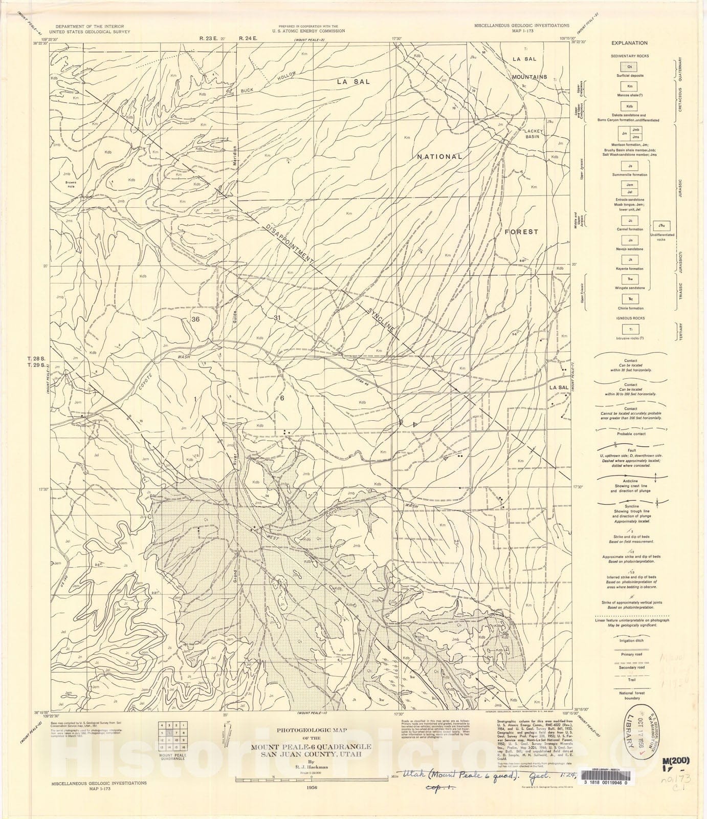 Map : Photogeologic map of the Mount Peale-6 quadrangle, San Juan County, Utah, 1956 Cartography Wall Art :